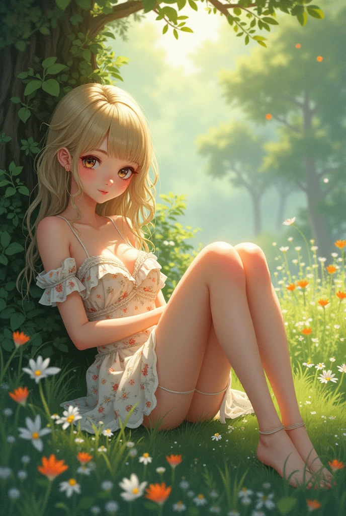 (masterpiece, best quality:1.4), Young blonde beauty, (((adult, neat girl, solo))), detailed blue eyes, long eyelashes, blush, kind smile, horny, upper body, wet short top, small ass, round ass, pink pleated open micro skirt, (looking at viewer), beautiful blonde hair, white-skinned, (bangs:1.3), (medium size breasts), (mushroom forest, celestial forest, beautiful and magnificent pink sunshine, majestic sky), natural light, pastel colors