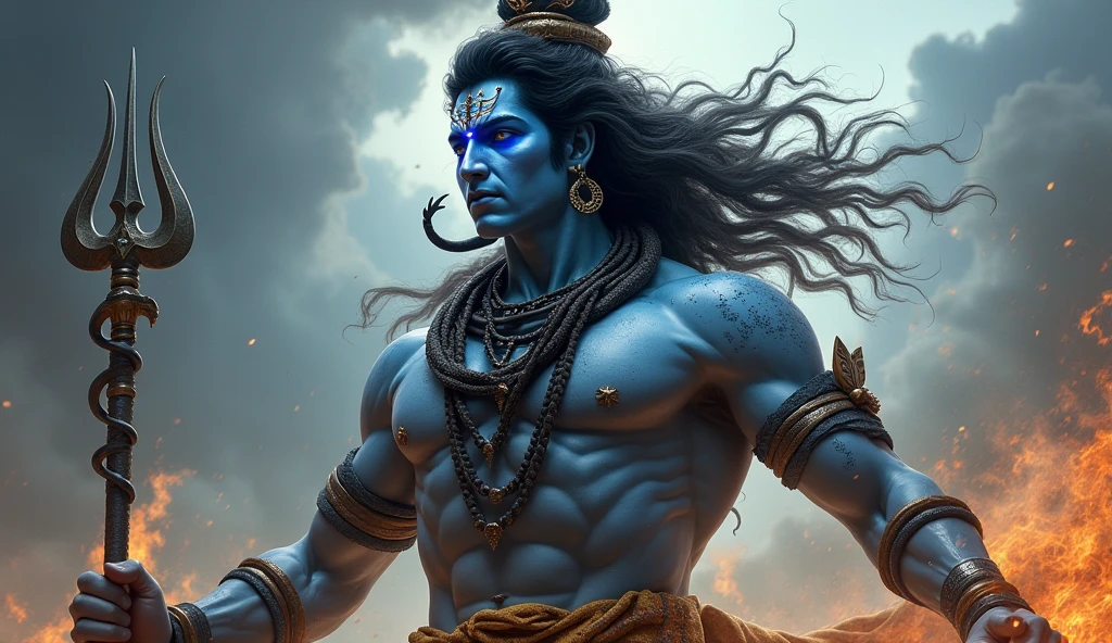 Lord Shiva modern look with glazing bright angry eyes with his trident