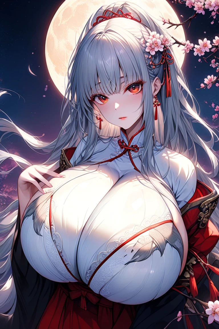 Masterpiece, Best quality, Night, full moon, 1 girl, Mature woman, huge tit,Wide open chest,(Open your clothes)Chinese style, Ancient China, sister, Royal Sister, Cold expression, Expressionless face, Silver white long haired woman, Light pink lips, calm, Intellectual, tribelt, Gray pupils,, flower ball background, Stroll through the street view