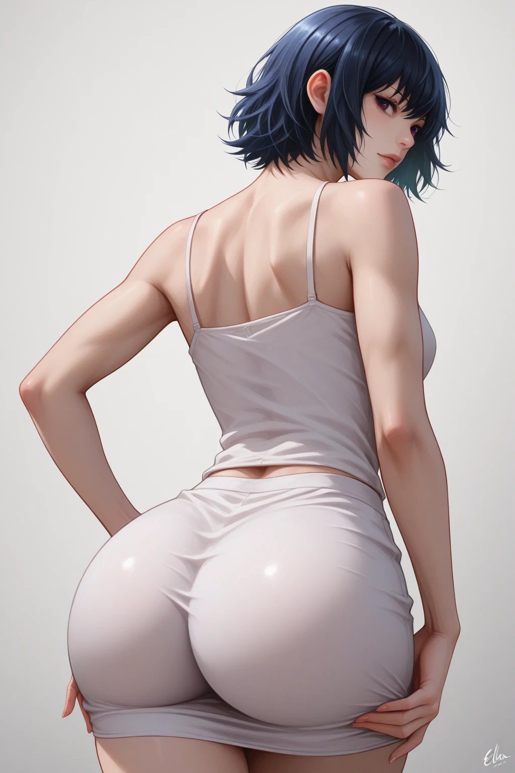 lighting like a movie、highest quality、a beautiful woman, (Un cabello oscuro)、blue eyes, Cambiarse de ropa、Pantie azul claro, full of sweat, nipple visible, naked, short black hair, big boobs, swollen nipples, hairy vagina, naked, rear view, Nipple escaping the bra, Nipple coming out of the bra, vagina visible, hairy vagina, rear view, sexual