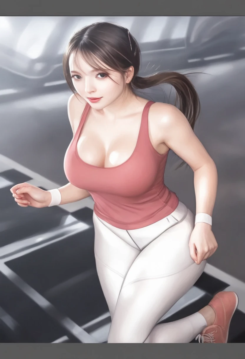 Japanese woman, long straight black hair, intense green eyes, Red lips, dressed in a sensual black gymnast outfit with red and purple. big breasts, Long, shapely legs running around the gym