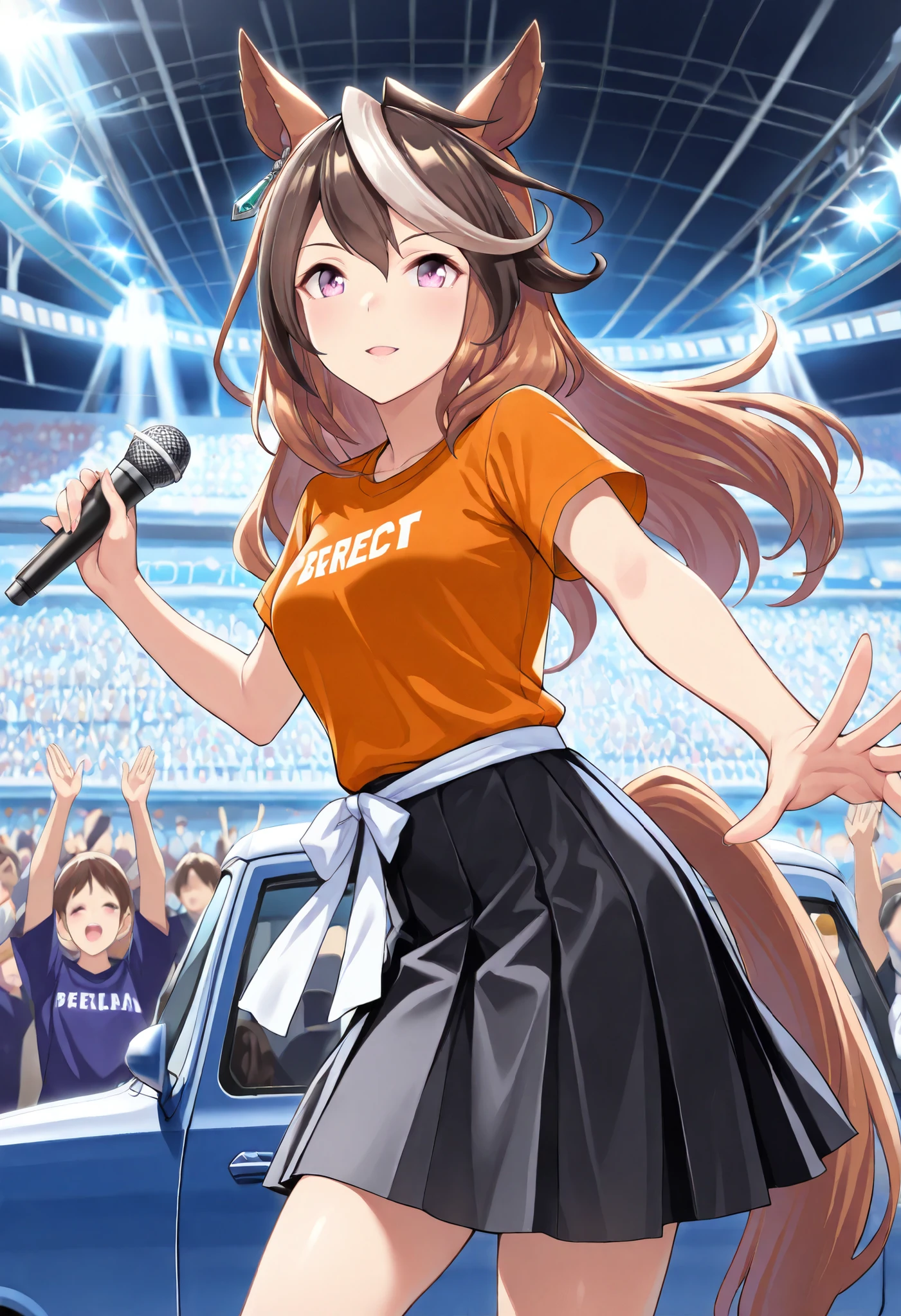 (masterpiece, best quality, perfect face:1.4), symboli rudolf \(umamusume\), 1girl, floating hair, brown hair, long hair, multicolored hair, horse ears, ear ornament, horse tail, tail on the lower back, proportional body, proportional, beautiful hair, beautiful face, beautiful detailed eyes, beautiful clavicle, beautiful body, beautiful chest, beautiful thigh, beautiful legs, beautiful fingers, looking at viewer, BREAK, Wearing an orange T-shirt and a long black skirt with a white sash, she was campaigning in front of a large crowd, holding a microphone on top of a city advertising van, and the crowd was applauding and raising their arms in support, textured skin, realistic skin, HDR, BREAK, good hands,