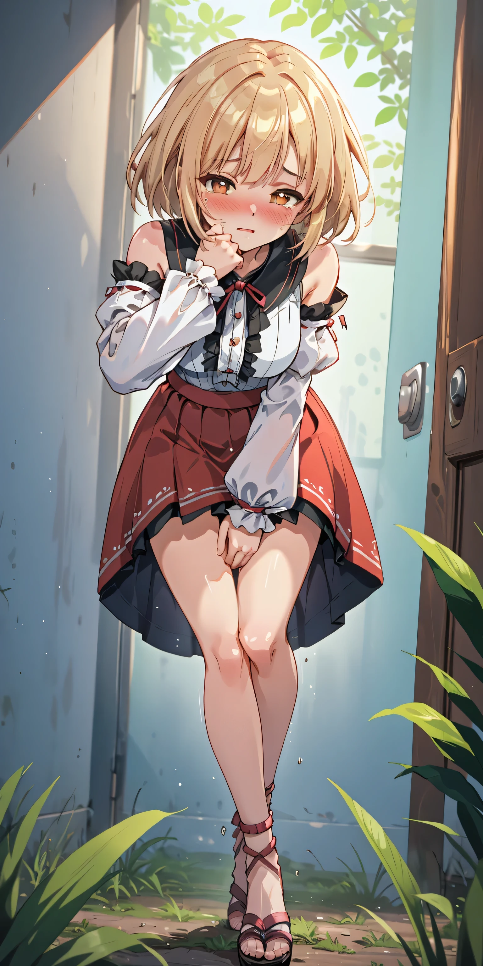 Nsfw,((dwarf,toddler body)),megumin,1girl,solo,breasts,blush,bangs,brown hair,black hair,red eyes,hat,navel,heart,beer mug,dark golden pee,(((pee,poop))),(incontinence,white steam from pee),(((((spread pussy))))),(((spread anus))),pussy with dirt,thigh with dirt,standing,from below,(((pee come out urethral))),(((poop come out anus))),((shaved pussy)),((gaping anus)),(((gaping cervix))),((big open anus)),