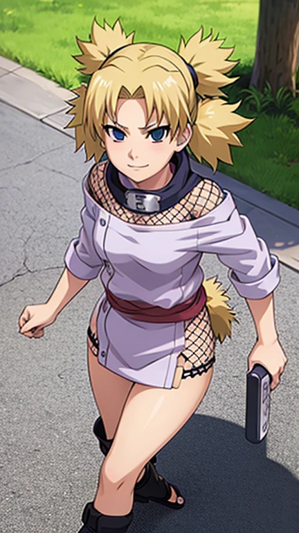1 girl, ytemari, blonde hair, quad tails, blue eyes, fishnet, Light purple and white clothing, sash, line art, laugh, front view, stand,Adjusting the skirt, bright colors, Masterpiece, best quality, high definition, Spread your legs,Facing straight ,Spread your legs,In the forest,smile,Condescending glance,open shirt,Medium boobs,Beautiful nipples,Shirt handle