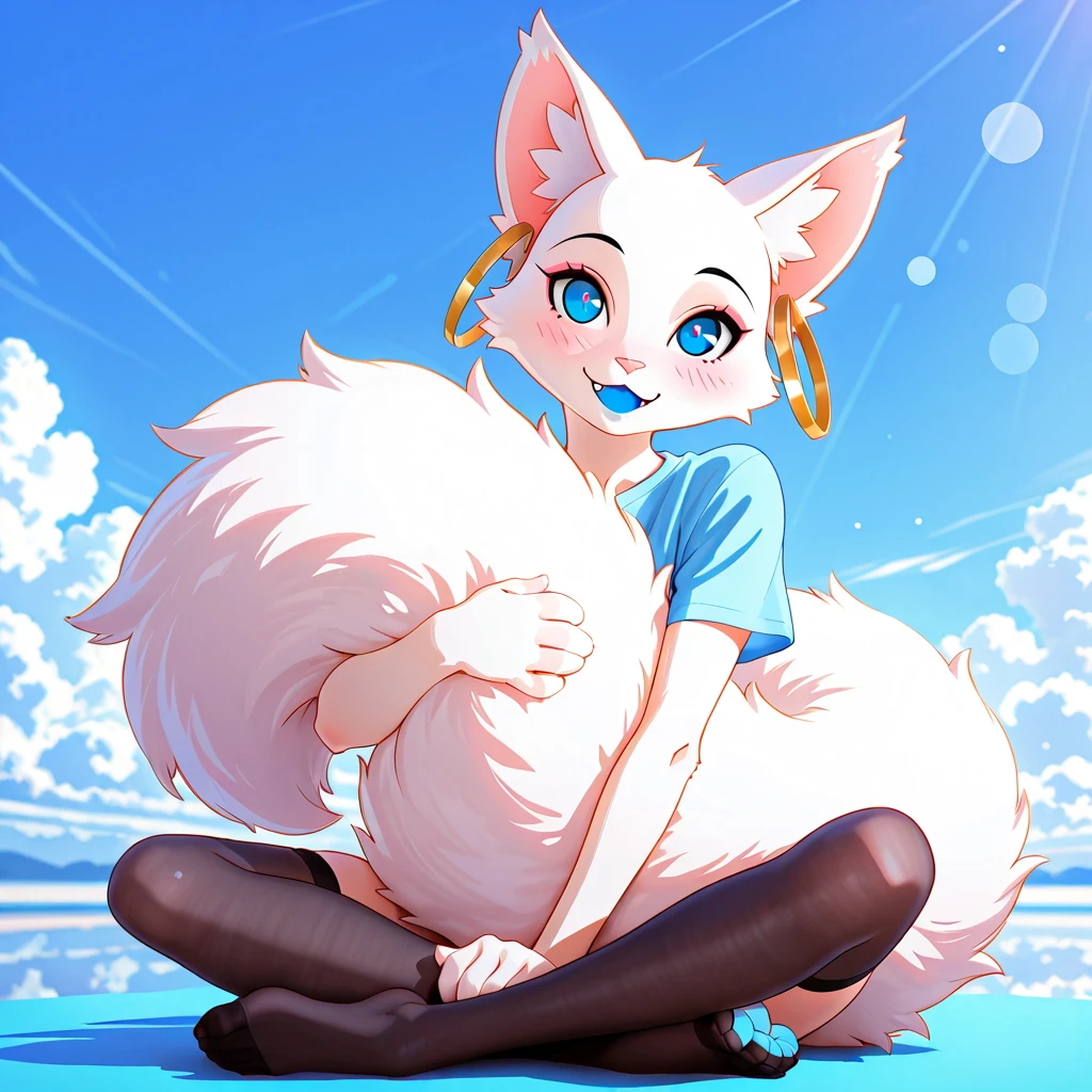 Best quality,Masterpiece,nude, no clothes, Manteau blanc,(Fox facial features,Physical characteristics of a fox,Hair and shoulder length),Small stature,bit girl,((White body,White arms,White legs,White eyes, White fox tail)),beach background, female, furry, anthro, legs spread, sitting down, knees up, blushing, small breasts, detailed breasts, detailed vagina,