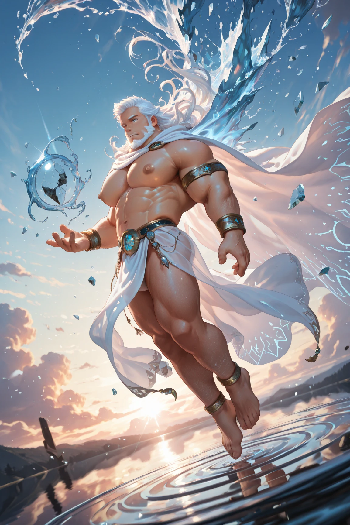 huge muscles,Anime style drawing of heavy old man, muscular, A handsome face,His face is a little haggard,A strong one, middle-aged man,Shirtless,Only one piece of underwear., WLOP Ross Lottery, PoseidonPoseidon, silver long hair,His left arm hangs limply, swallowed by mucus,rossdraws global illumination,Weakness of the left hand drooping, Poseidon, god concept art, Ross Painting 1. 0, Ross Painting 2. 5, wop and rostus, Ross Painting 2. 0, Rossdraws digital painting, Inspired by Ross Tran,Just need a pair of underwear,Dark blue slime covered his lower body,Poseidon, a strong person, Exudes masculinity,huge muscles,Extremely strong physique