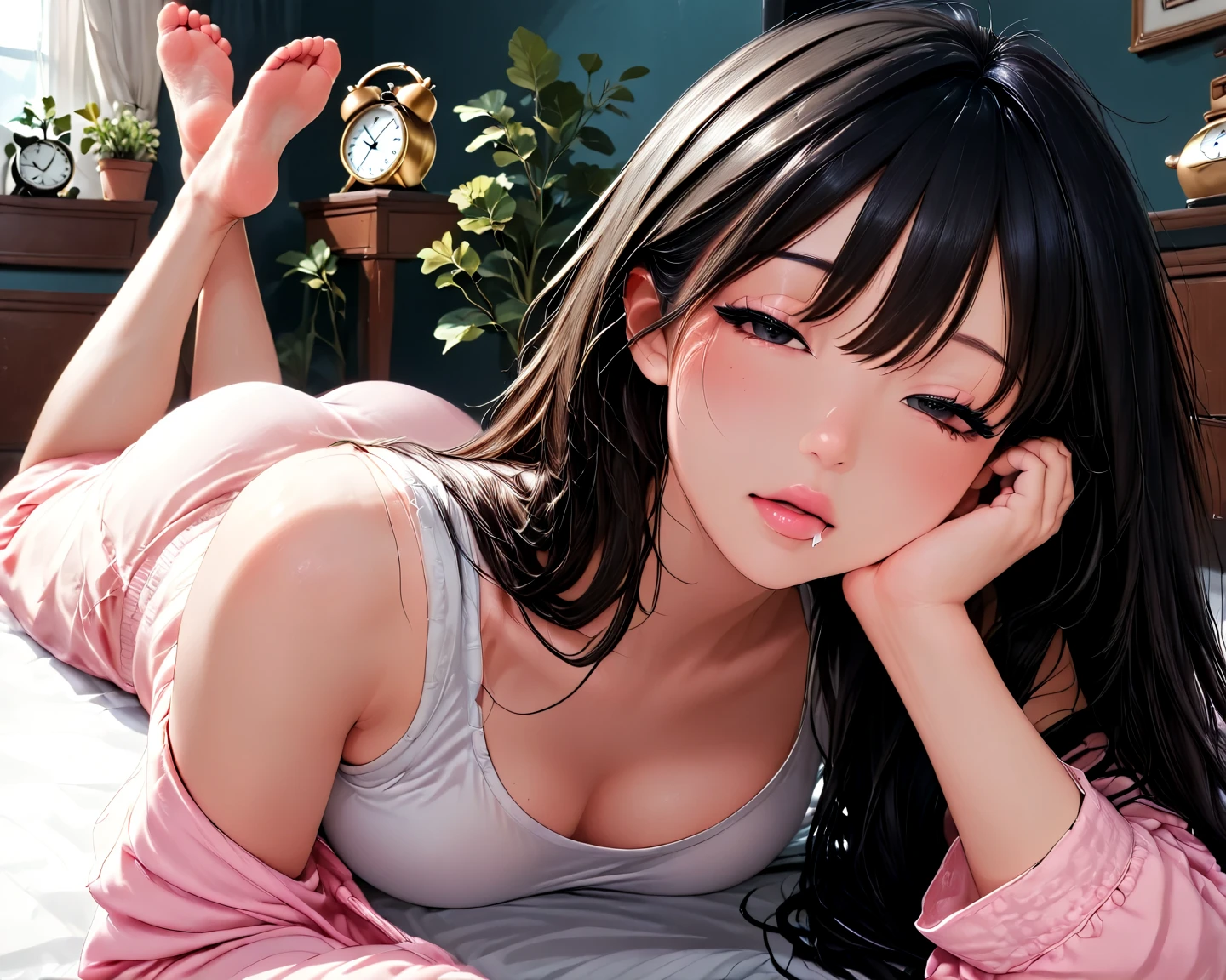 1 persona station piece: 1.3), (max resolution: 1.2), (Ultra HDTV: 1.2), , (Detailed eyes and skin), (detailed facial features), nffsw, 8K resolution,Beautiful face, 准确, Anatomically correct, Highly detailed face and skin texture, Detailed eyes, Brown eyes, Double eyelids,(slender narrow eyes)、 Thin eyebrows, Glitter Eyeliner: 1.2, Natural cheeks, Glossy skin, Fair skin: 1.2, (Glossy lips: 1.4),
One-person viewpoint, (are visible), (embarrassed:1.2), (blush:1.2), a Innocent and cute girl, (11years old girl)、looking at me、Please sleep with your head on the right side
( bangs flowing diagonally), (Beautiful areola long hair, thin and small body、legs are thin、
(Full body shot: 1.2), (I don't wear any clothes), ((are visible)), (tiny chest),
(((Bedroom bathed in the morning sun)), ((woman lying on the west side:1.4)), (fullnude)), (Beautiful nipples),Open your legs