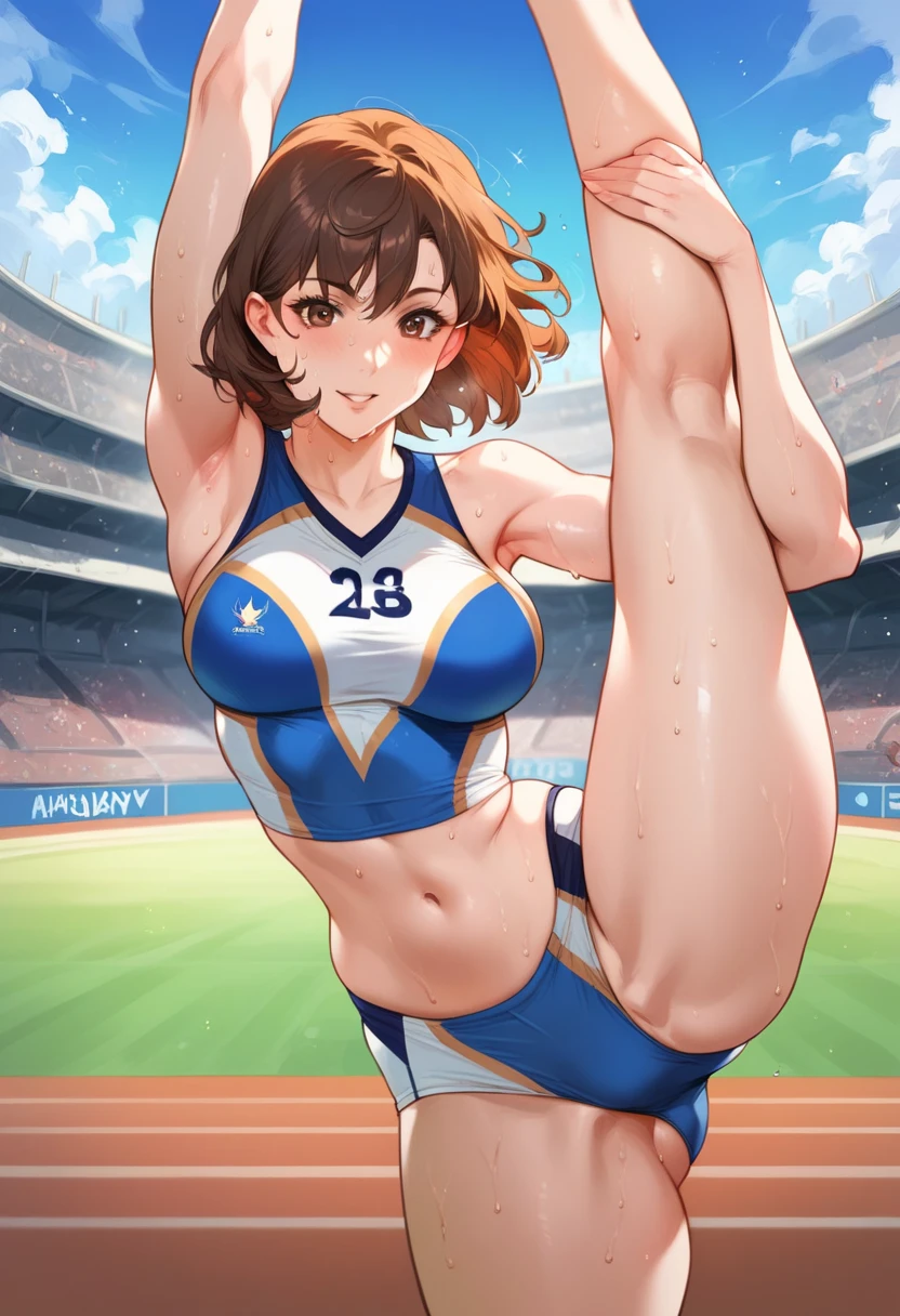 woman。(Athletics)。smile、Dark brown ponytail、(世界Athletics)。(Dark blue track uniform:1.2)、Sleeveless、sports arena。(独立Athleticsユニフォーム)。competition、Perfect hands、Show your belly、Facing the audience、training、Spread your legs