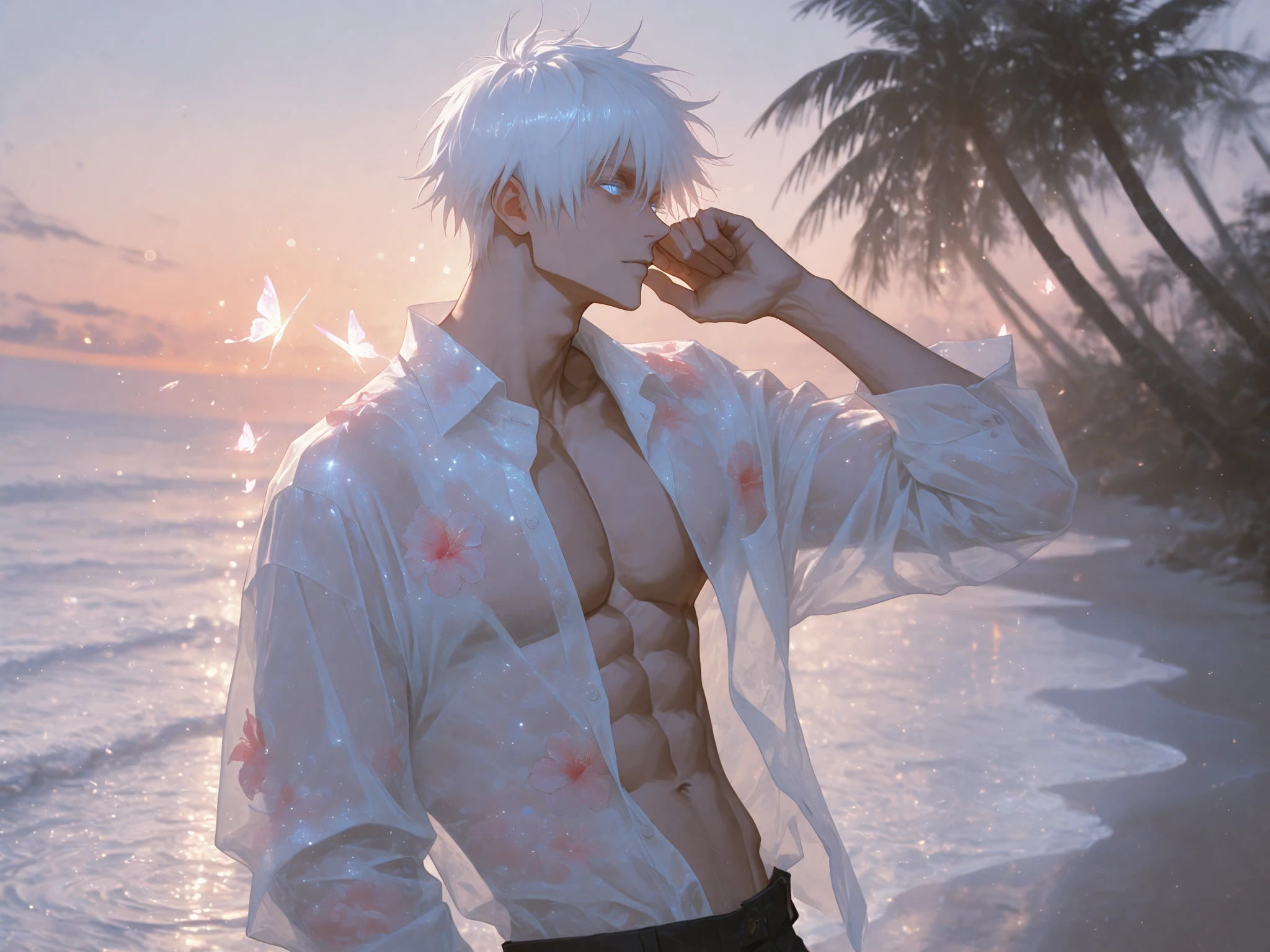 1 male, handsome Japanese male model, high resolution 4k, adult, perfect face, detailed eyes and face, muscular, white eyebrow hair, white eyelashes, Naked torso, Detailed face, perfect face, real skin texture, detail Perfect hand, details, Real and complete hand details, unreal engine, hd picture, satoru gojo, Jujutsu kaisen, white hair, short hair ,hair between eyes ,blue eyes, white skin, pumpkin Halloween, water splash, sea ​​water background