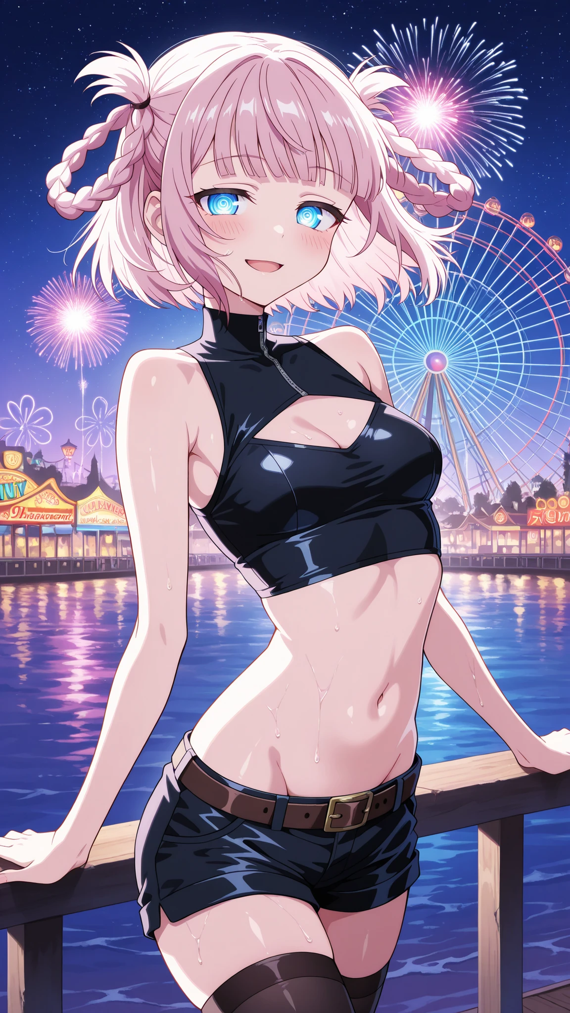 night, Colorful Cyberpunk City Background, rain, two, Maid Girl, Nanakusa Nazuna, 1, stripe, Black background, Jacket preta, shirt preta, Shorts pretos, blue eyes, stripe romba, chest, Cut-out neckline, Clothing cutouts, Crop top, Shadow, dam, Gradient Hair, Gray Hair, Hair Ring, Jacket, Light purple hair, Watching the audience, compensate, Multicolored Hair, belly button, Open your mouth, Shadow vermelha, shirt, Shorts, No sleeve, No sleeveタートルネック, manga top de colheita de High throat, chest pequenos, alone, Stomach, High throat, topo de colheita de High throat, Two-tone hair, vampire, blue eyes, Bright Eyes, Black Stockings, バックLight付き, Shine, Audience Survey, Low angle lens, Looking up at the lens, Perfect composition, delicadeza perfeita de luz e Shadow, 8K,One girl,Long Hair, Hair above the crotch, (),only_arms,Outdoor,our,Light_With a smile