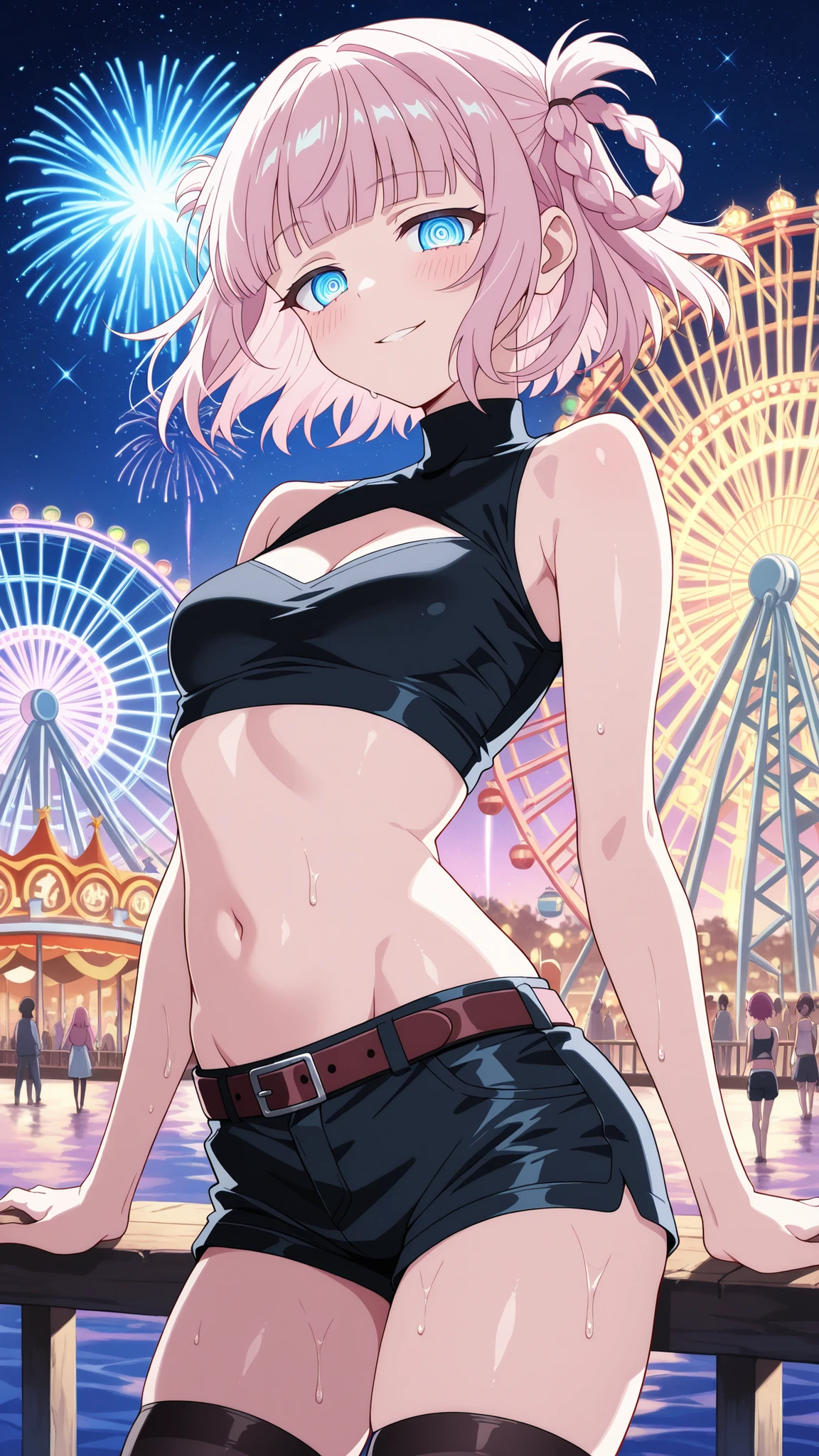 BREAK looking at viewer,BREAK (masterpiece:1.2), best quality, high resolution, unity 8k wallpaper, (illustration:0.8), (beautiful detailed eyes:1.6),Nighttime ocean pier with vibrant fireworks exploding in the sky, reflections on the gentle waves and wet boardwalk, glowing amusement park with Ferris wheel and roller coasters lit by neon lights, people in the distance enjoying the festival atmosphere, starry sky above, colorful ambient lighting, cinematic composition, ultra-detailed textures, dreamy and festive mood, shallow depth of field, wide shot,blush, expression,floating hair, nazuna nanakusa, short hair, bangs, blue eyes, pink hair, braid, blunt bangs, hair rings, ringed eyes,thighhighs, navel, shoulders, shorts, sleeveless, midriff, belt, black thighhighs, crop top, groin, short shorts, clothing cutout, turtleneck, black shorts, cleavage cutout, tank top, sleeveless turtleneck,wide-angel,cowboy shot,arched back,smile,naughty