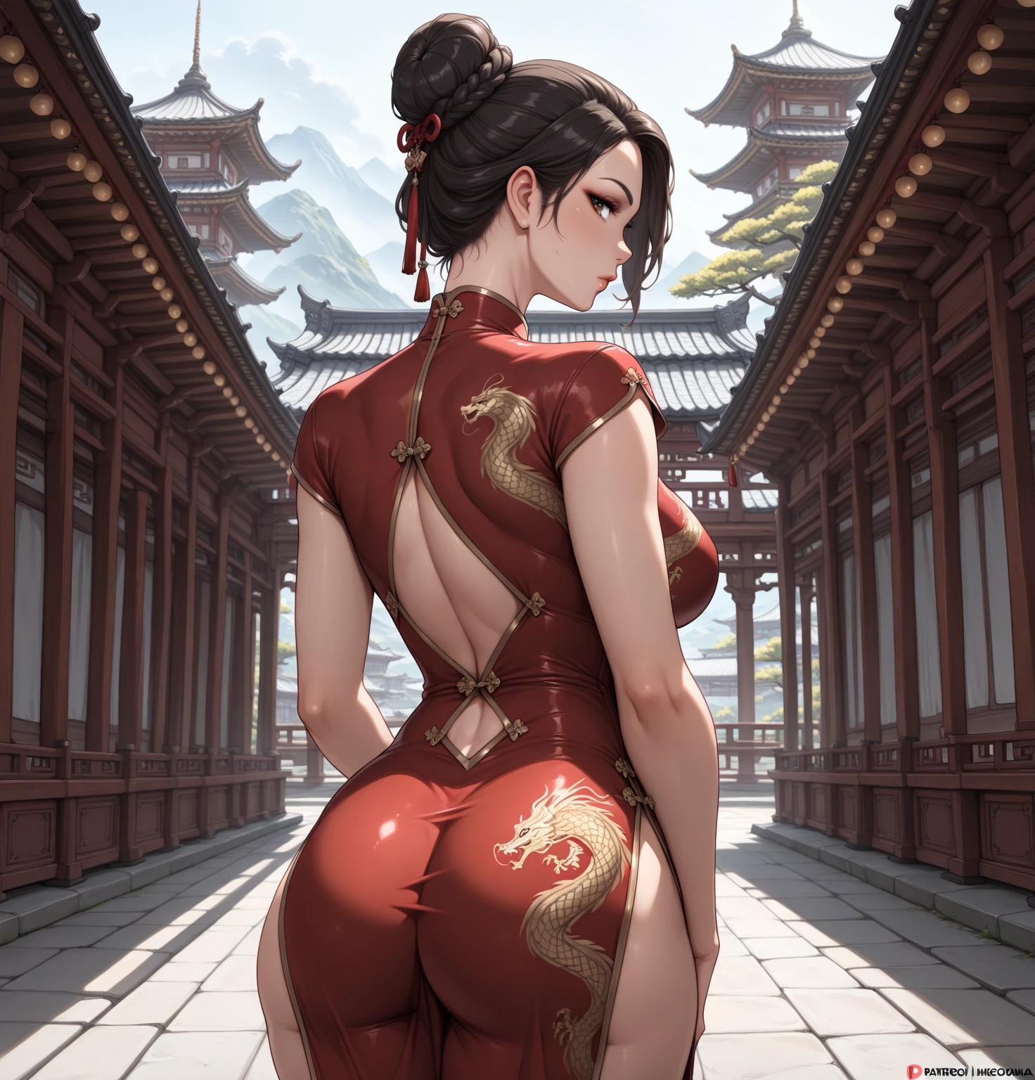 chibi, realism, girls back with a highly detailed tattoo of a chinese dragon, ais-cny, outdoors, Chinese palace, girl, Young adult, (European), Ectomorph elongated body, slim body, skinny, Long Sleek Straight Ponytail Slicked back black Hair, perfect white skin, Long Diamond type Face, Long slim neck, Hawk long Nose, broad shoulders, narrow hips, fitness round ass, toned round butt, long slim fitness legs, long slim thin arms, long fingers on the hands, Angular Narrow Cheekbone, Hollow Cheek, Square Jawline, Attached Pointed ear, Sagittal Plane Curves, Profile Angle, dark green eyes, Upturned Eyes type, bare shoulders, shoulder blades, spinal line, back dimples, IMax, hyperrealism, 8k, vray, perfect light, small depth of field, photorealistic, masterpiece, high resolution, best quality, cinematic shot, ultra-detailed, super realistic, highest detailed, lot of details, Extremely high-resolution details, photographic, realism pushed to extreme, incredibly lifelike, girl back adorned with an intricate masterpiece. A large golden dragon, its scales shimmering with an ethereal glow, coils sinuously across her skin. The tattoo seems to possess a life of its own, its contours raised with a three-dimensional effect, as if the mythical creature might leap from her flesh at any moment. the dragon's eyes blaze with an otherworldly intensity, seemingly gazing into the depths of the observer's soul.
