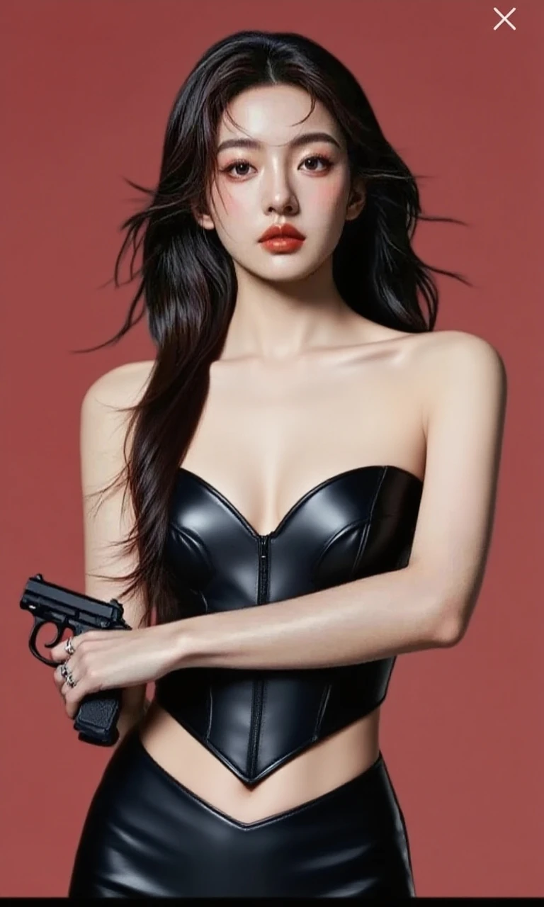 Arad woman in bikini poses for photos with gun, iu lee ji-eun as a super villain, with rifle, Tifa Lockhart, alluring tipha lockhart portrait, Korean woman, ornate korean polearm behind her, beautiful Korean women, Korean girl, beautiful female assassin, ff Tifa, with pistol