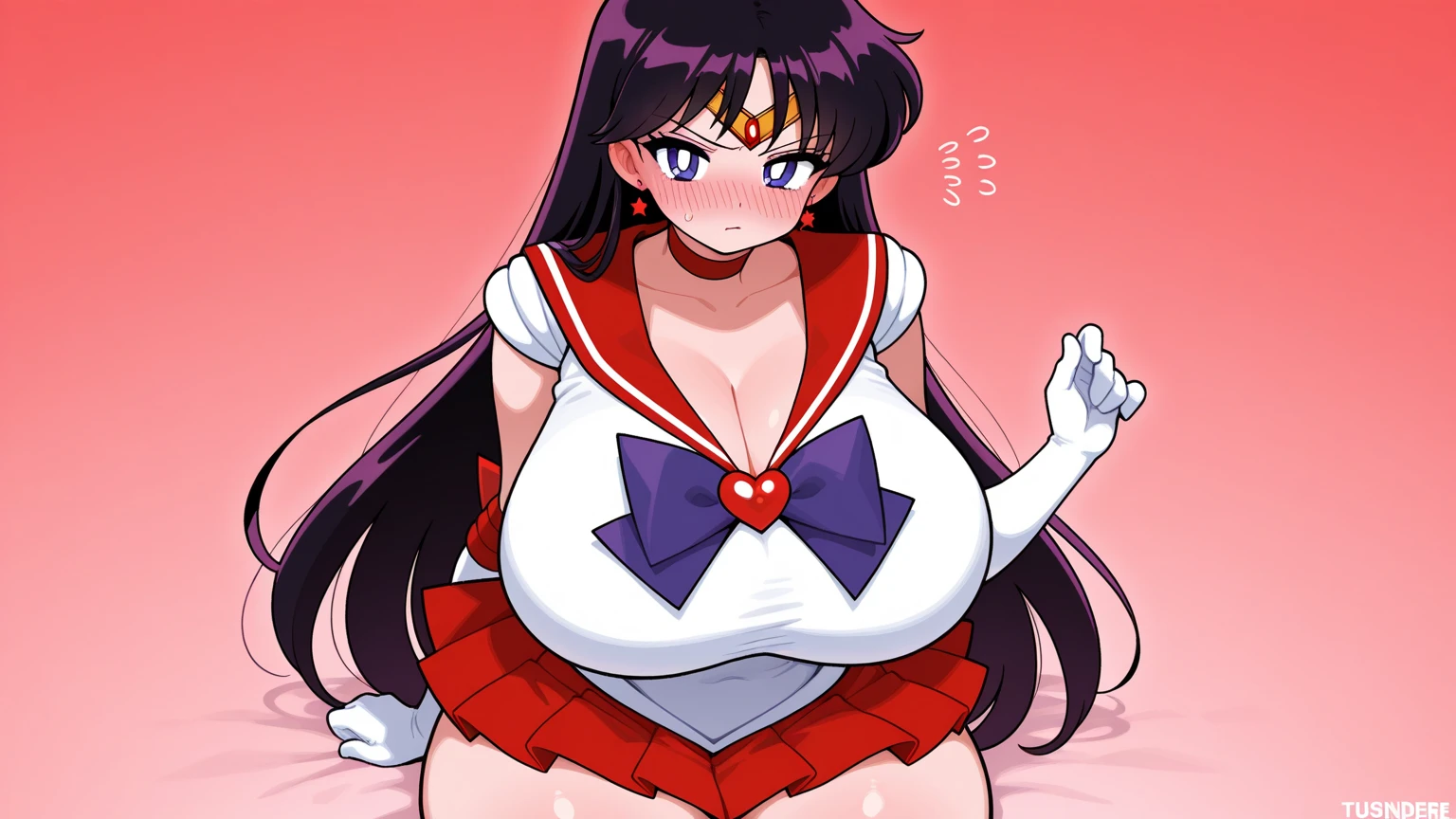 misato, makeup, pink eyeshadow, dark purple hair, misato hair,  long hair, miniskirt, beautiful, (masterpiece:1.2), (best quality:1.2), perfect eyes, perfect face, perfect lighting, 1girl, cropped legs, curvy, Sailormoon outfit, exposed midriff, white crop top, Chest bow, long gloves, White Thigh-highs, choker, hand on hip, huge breasts, smile, solo, thick thighs, Point of view from below, Can be seen under mini skirt, Exposed panties, showing panties and super tight thong
