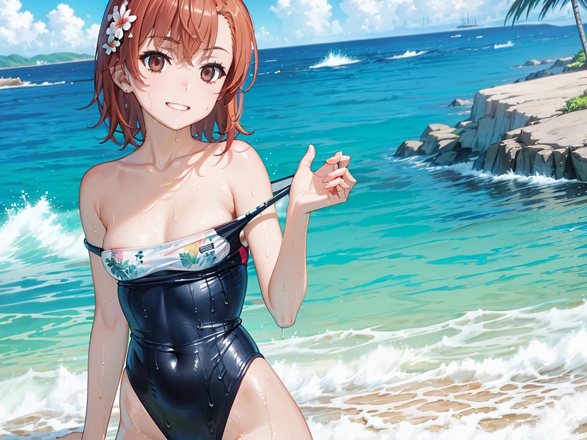 Mycotrose, Brown eyes,Brown Hair,short hair,One side up,Flower Hair Ornaments,smile,Small breasts,Open your mouth,White floral print bikini swimsuit with frills,barefoot,Wet Hair,Wet swimsuit,Wet Skin,Water Play,Daytime,sunny,True Summer,　　　　　　　　　　　　　　break outdoors, Ocean,Beach, 　　　　　　　　　　　　　break looking at viewer, whole body, (Cowboy Shot:1. 5) 　　　　　　　　break (masterpiece:1.2), Highest quality, High resolution, unity 8k wallpaper, (shape:0.8), (Beautiful attention to detail:1.6), Highly detailed face, Perfect lighting, Extremely detailed CG, (Perfect hands, Perfect Anatomy),