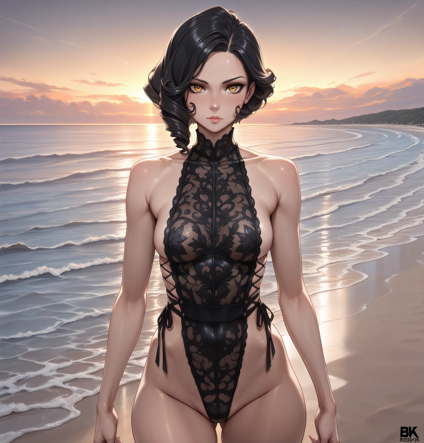 solo, female, tall, elegant, sunglasses, bodyguard, broad shoulders, pixie cut, black hair, pale skin, athletic, very tall, sober bikini, black clothes, small smile, medium shot, luxurious beach, classy, professional, earpiece, muscular, cute pose