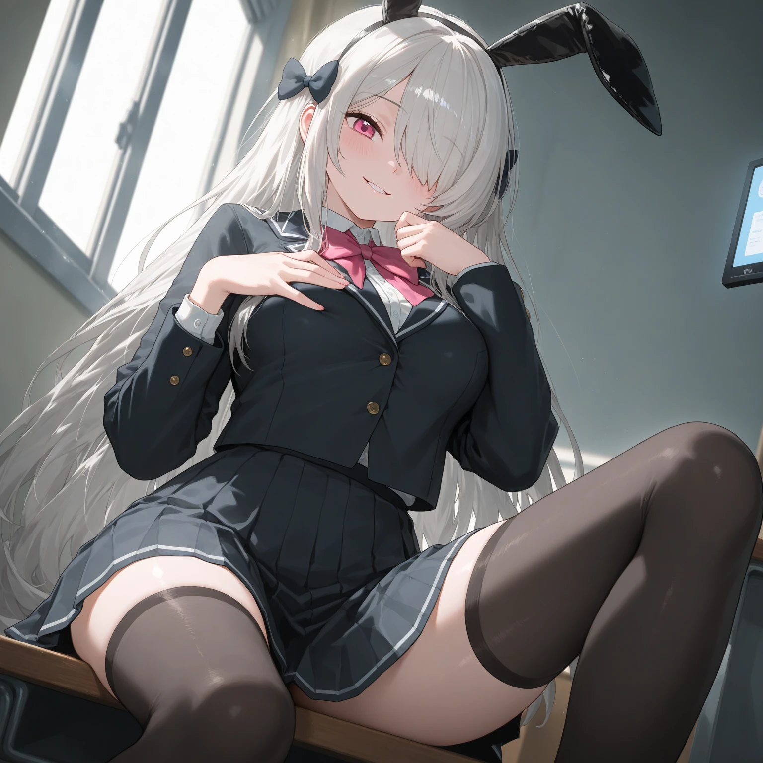 (((Spread your legs)))、((Two Women)))、Uniform Blazer、Beautiful beauty、Long white hair、((whole body))、(((Photo taken from below)))、school gate、Large Breastini skirt、Panties are black lace、Japanese、expensive、Long limbs、Hairstyle Twin tails