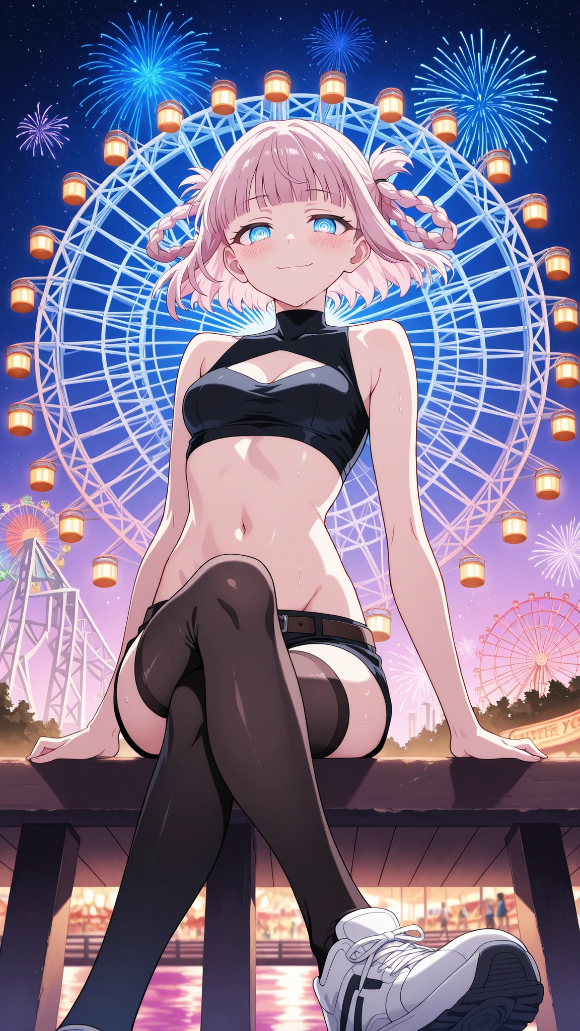 BREAK looking at viewer,BREAK (masterpiece:1.2), best quality, high resolution, unity 8k wallpaper, (illustration:0.8), (beautiful detailed eyes:1.6),Nighttime ocean pier with vibrant fireworks exploding in the sky, reflections on the gentle waves and wet boardwalk, glowing amusement park with Ferris wheel and roller coasters lit by neon lights, people in the distance enjoying the festival atmosphere, starry sky above, colorful ambient lighting, cinematic composition, ultra-detailed textures, dreamy and festive mood, shallow depth of field, wide shot,blush, expression,floating hair, nazuna nanakusa, short hair, bangs, blue eyes, pink hair, braid, blunt bangs, hair rings, ringed eyes,thighhighs, navel, shoulders, shorts, sleeveless, midriff, belt, black thighhighs, crop top, groin, short shorts, clothing cutout, turtleneck, black shorts, cleavage cutout, tank top, sleeveless turtleneck,wide-angel,cowboy shot,arched back,smile,naughty,sitting,from below,cross legs,white sneakers,