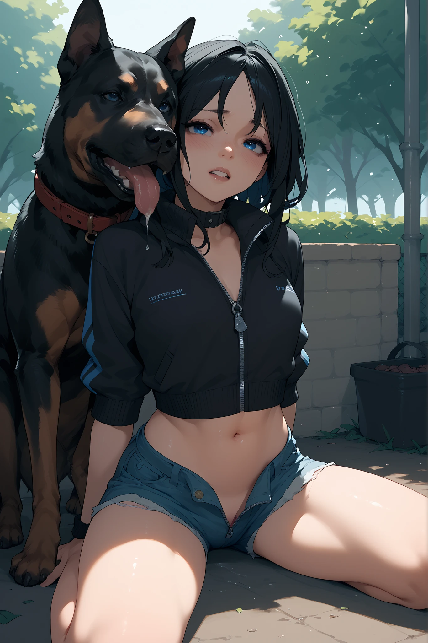 open zipper is low rise micro denim shorts and black hair and blue eyes get bestiality sex with dog in park