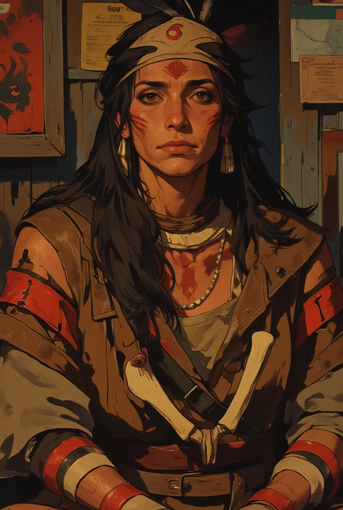 indian girl, wild west, very sexy indian girl, feathers, knife, blood spattered, sneaking through a forest in autumn, small stream, night , art inspired by Bill Sienkiewicz and dave mckean