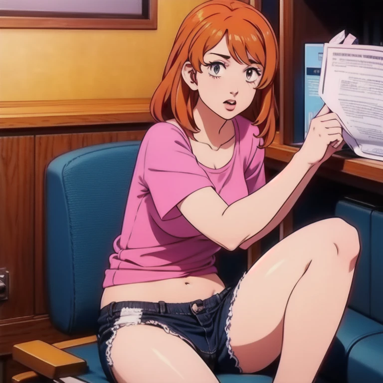 2d cartoon,An anime woman, colored hair, in cinema, with friends, hoodie, shorts, blouse, sitting