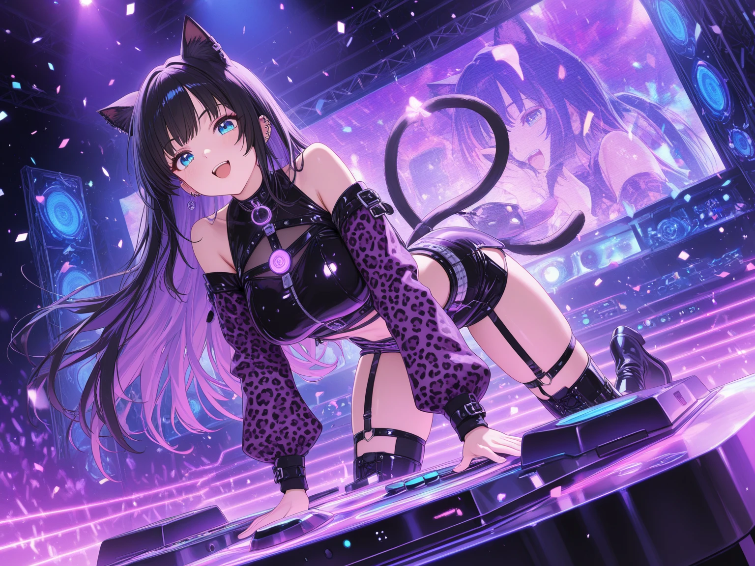 Anime girl with blue eyes and black ears with cat ears, anime girl with cat ears, girl with cat ears, digital anime illustration, beautiful anime loli Catwoman, popular on ArtStation Pixiv, Artgerm and Atey Ghailan, from Ark Night, cute anime Catwoman, Guweiz on pixiv art station, anime moe art style --auto --s2