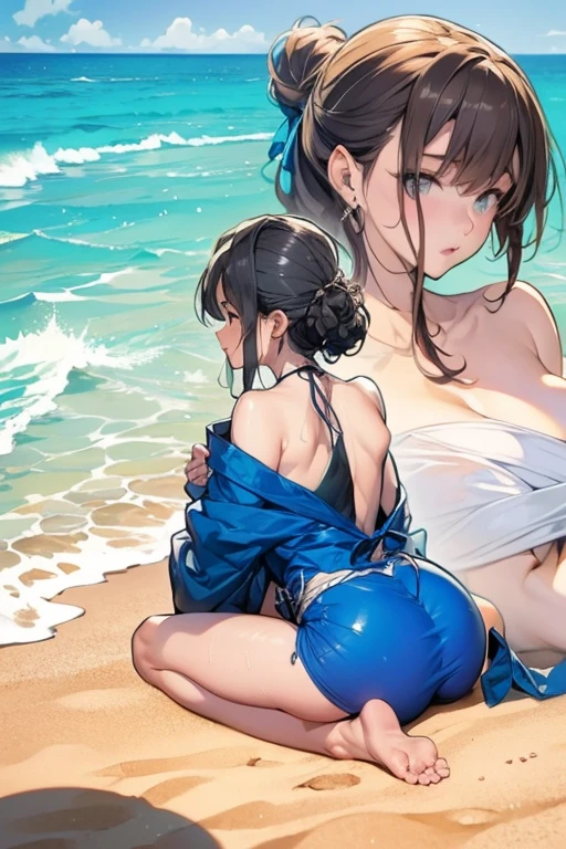 (Best quality, masterpiece), Excellent, White Skin, Sexy, Swimsuit, Bikini, Bondage, Restraint, Binding, Rope, Twine, Chains, Handcuffs, Torture Instruments, Kneeling, Summer Wear, Bright, Colorful, Outdoor, Full Body, 1girl, Simple Background, Looking at the Audience, Brunette Girl, Arms Behind Back,