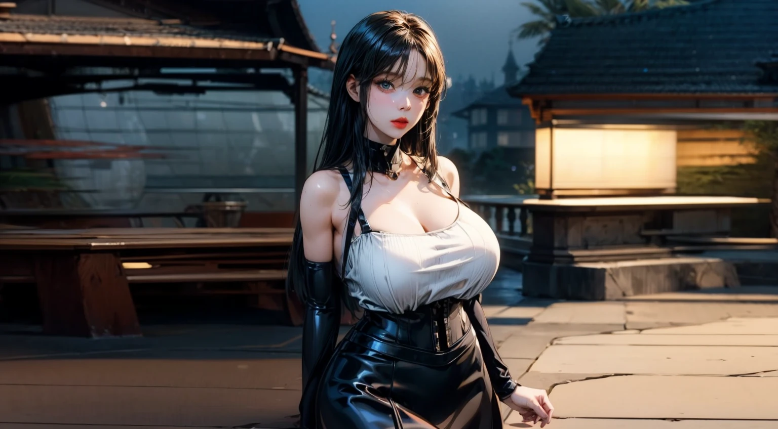 official art, unity 8k wallpaper, ultra detailed, beautiful and aesthetic, masterpiece, best quality, extremely detailed, dynamic angle, cowboy shot, elegant, vivid colours, atmospheric. Tifa lockhart, long black hair, red eyes, hair bangs, (white tank top:1.5), white top, (black miniskirt:1.4), suspenders, stockings, (huge breasts:1.5), cleavage, (red eyes:1.5)one girl, 1 girl, thin waist, wide hips, exposed abdomen, toned abs, toned arms, close up, see through clothes, semi transparant clothes, outside an industrial factory at night, a green atmospheric glow