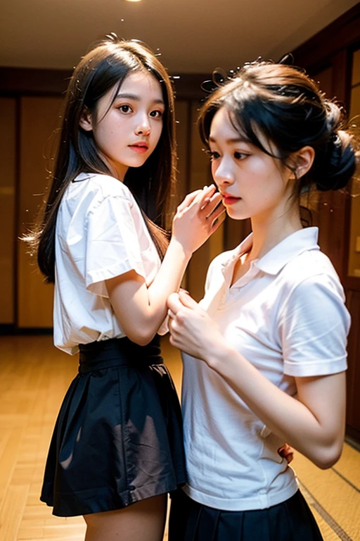a 30 year old tall, thin female teacher with big hips, big breasts, black hair, small lips, brown eyes, attractive, wearing a white Burmese blouse with long sleeves, buttoned at the side, dark green long skirt, female Burmese sandals, hair in a knotted bun, looking back over her shoulder
