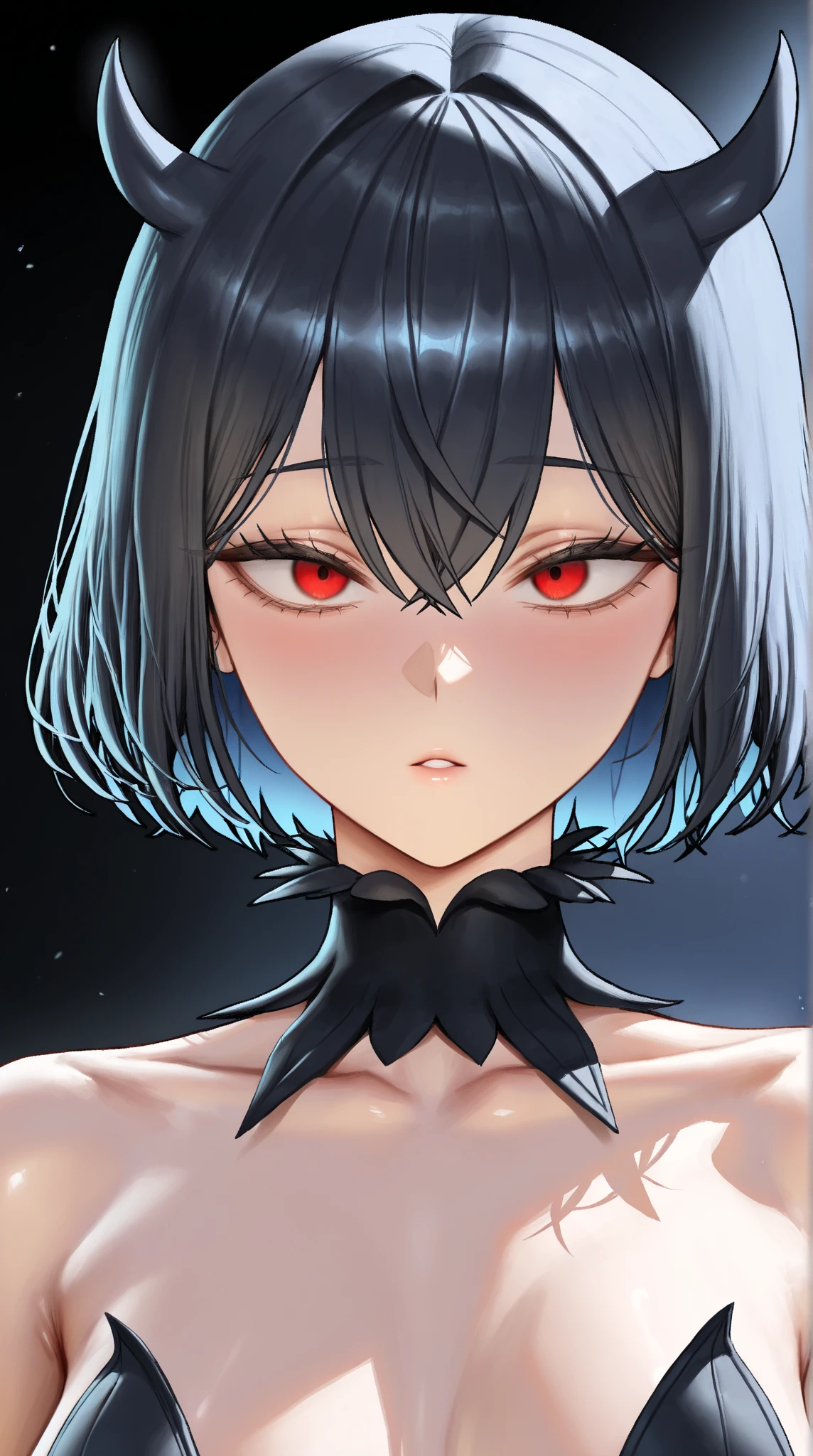 score_9_up, score_8_up, score_7_up, source_anime, 1girl, black hair, bob cut, medium hair, red eyes, narrowed eyes, expressionless, empty eyes, nude
