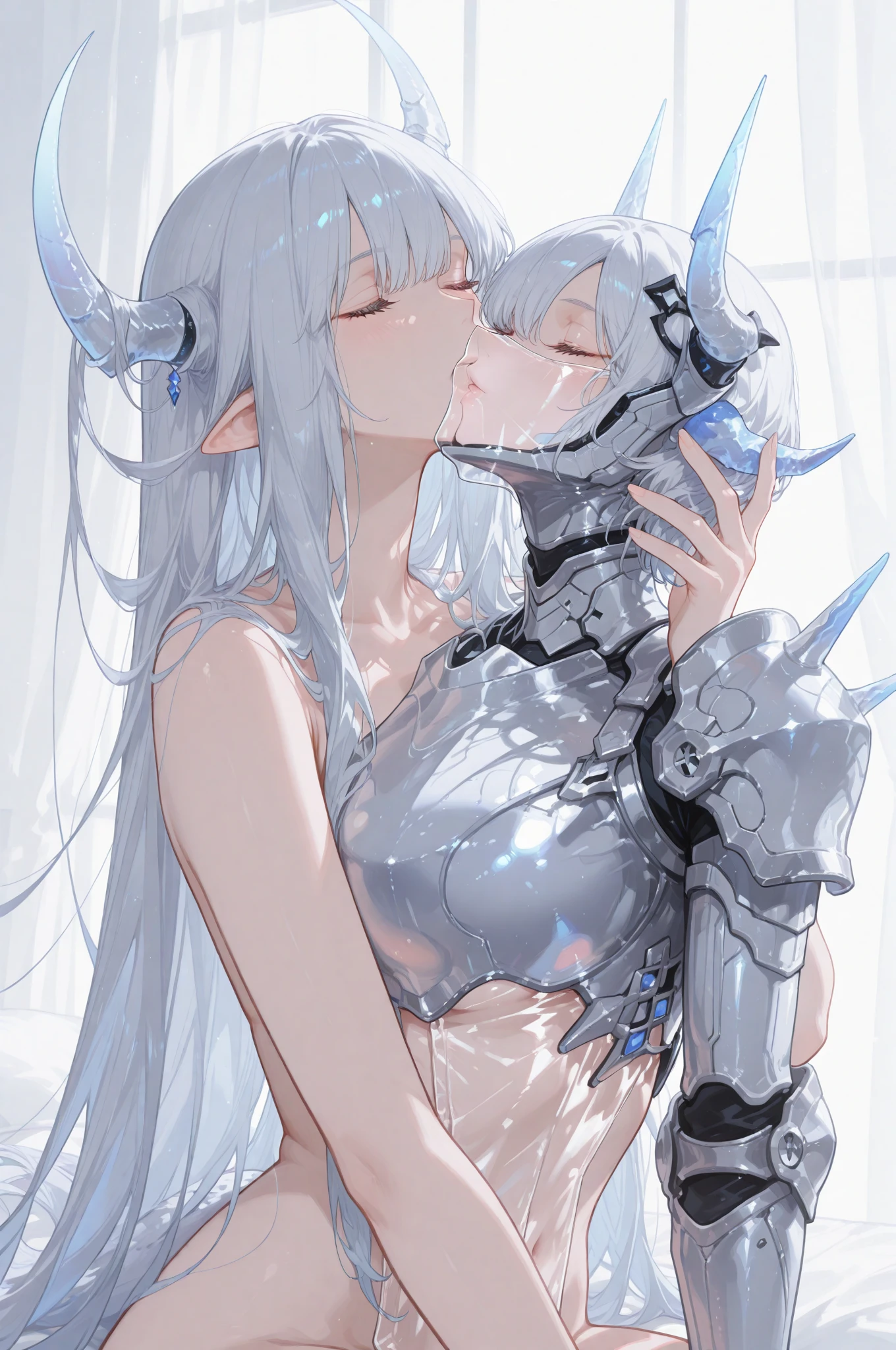 ((Highest quality)), ((masterpiece)), (detailed), （Perfect Face）、The woman is a silver-skinned alien named Reika Aoki, with medium-long hair and naked、A woman hugs, kisses and has sex with a silver-skinned alien man