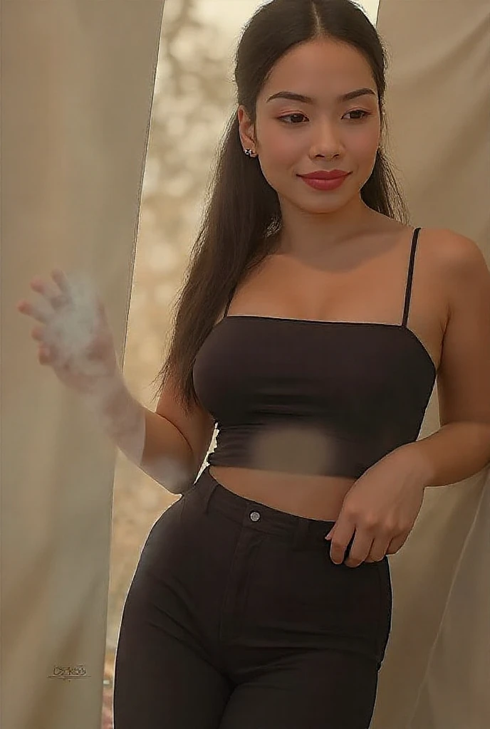 " 2woman, 35 Years Old, Indonesian , Lesbian Scene, Tank Top, big , full body, Curvy body, sharing Passionate hug and eating pussy
