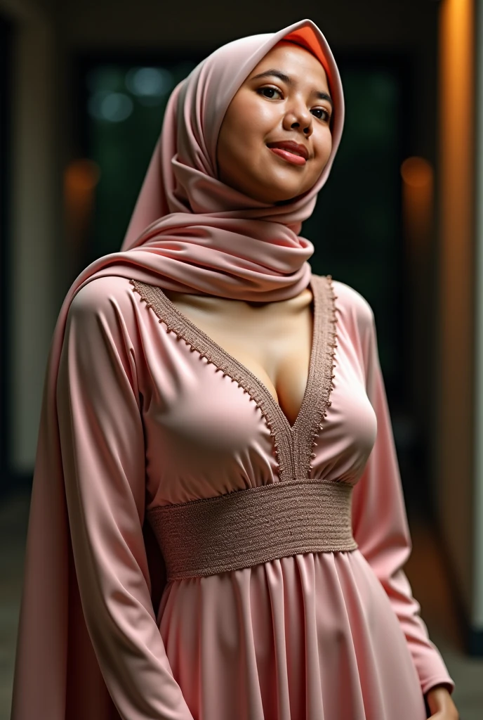 Aaliyah Alat, brunette, elegant pink hijab, expressive eyes, focus on eyes, neckline, sunny day, neckline, above view, in park, sexy pose, pale skin, tight clothes, pink dress, focus on neckline, in front of a mausoleum, mosque behind, close camera, tight hijab