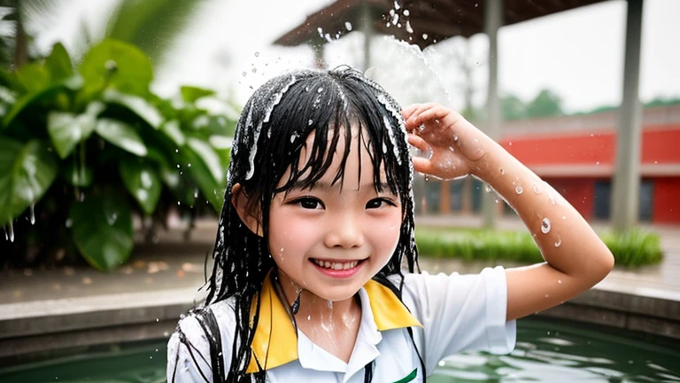 Woman showering in jk school girls uniform , soaked, wet clothes, dripping wet, smiling, looking at viewer