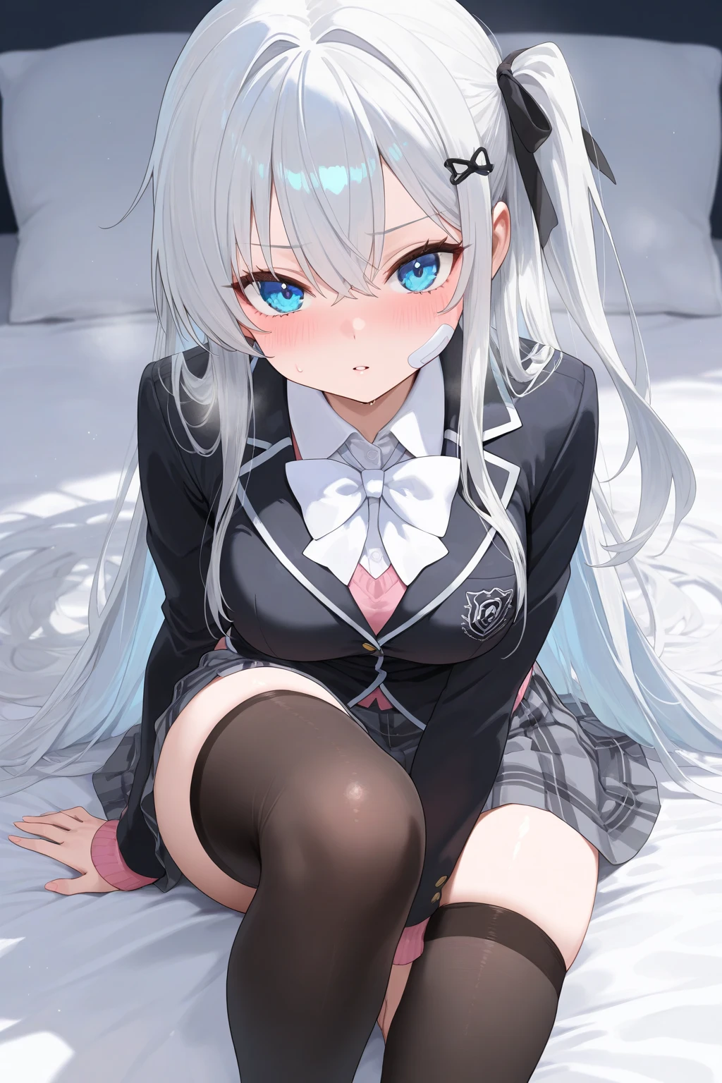 1girl, (from front), (lower half of body), white tights, thighs, School uniform skirts, arms behind back, focus thighs, low angle, sitting