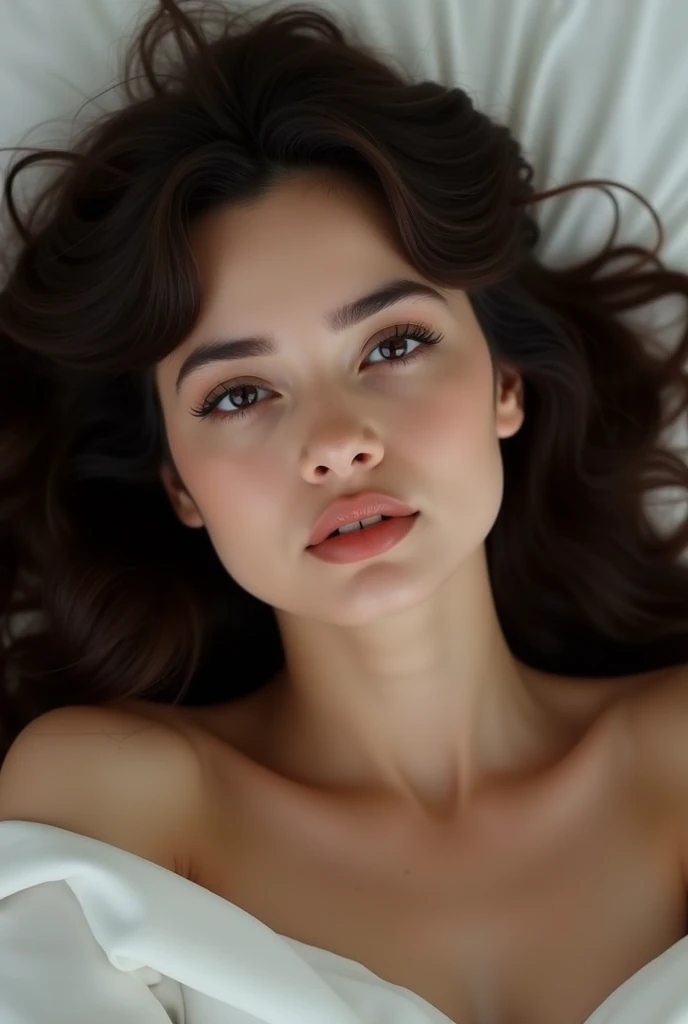 a 20 year old brunette girl, long wavy black hair with bangs, breasts big, hand exposed and extremely detailed, looking at the camera with a seductive look, extremely high detailed skin, freckles on the face, lying on her bed, White sheets