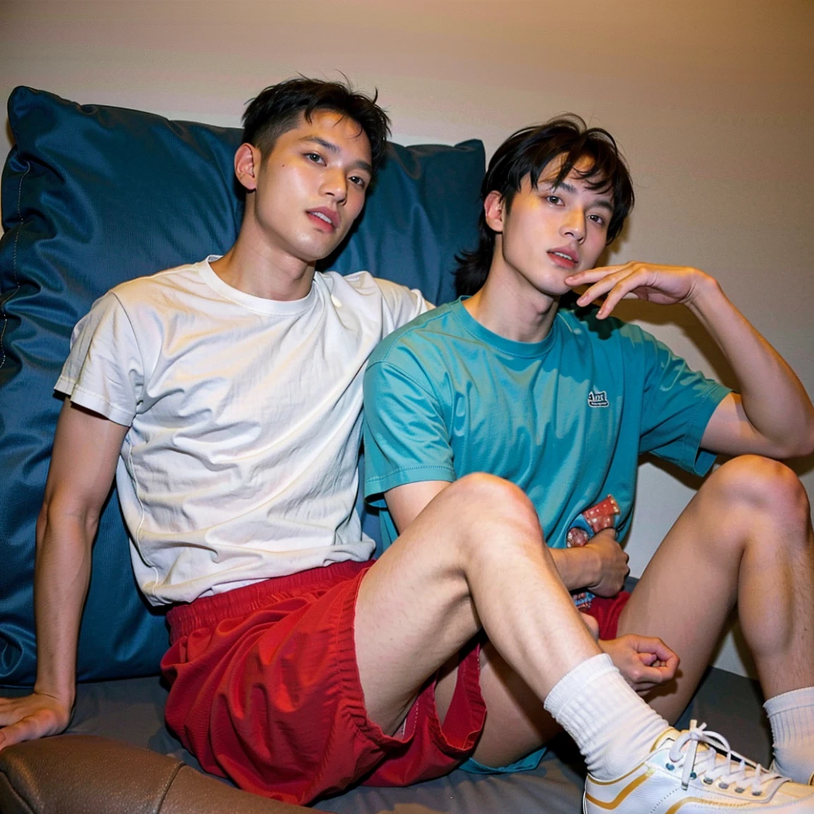 A handsome Thai male teen wearing red underwear is sitting on the lap of another teen wearing black underwear., long distance, fullbody image fking_cinema_v2
