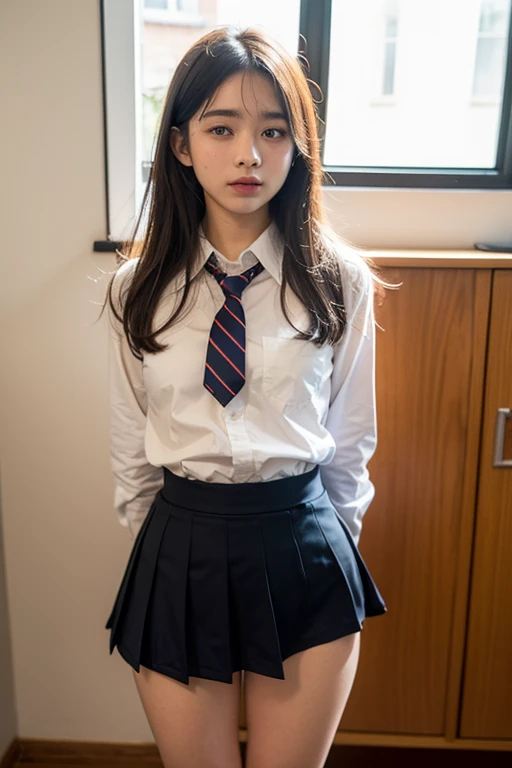 1girl, teen female, Red Hair, 16, photo, realistic, best quality, hires, detailed face, school, detailed background, diffused sunlight, woman sitting on a bed, wearing school uniform, wearing a school uniform, dressed as a , wearing latin school uniform, girl dressed in uniform, uniform, school girl, school uniform, of a  posing, student uniform, cute, wearing a uniform, photo of the suit