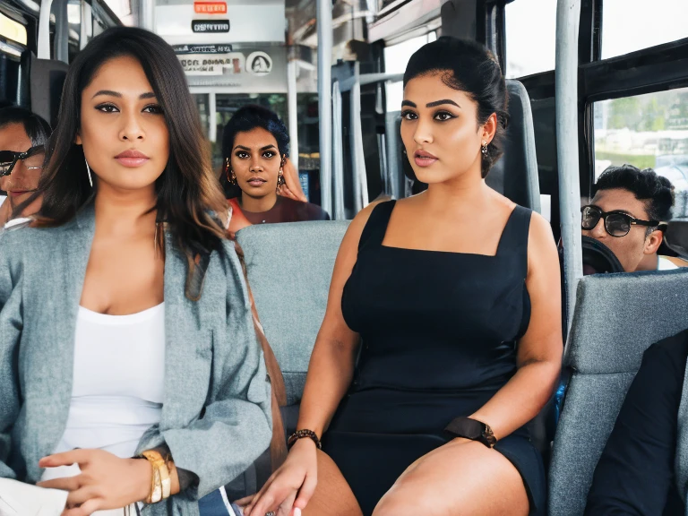 tanned Brazilian woman, dark-skinned girl, Bob haircut, ganguro girl, Two girlfriends, muscular legs, muscular calves, Strong legs, muscular hips, wide thighs, Curvy hips, high-heeled sandals, tights in a net, Stiletto heels, Long dress with slit, large ring earrings, He really wants to pee, Riding the bus, Sits, looks out the window, Foot to foot, wants to pee, desperately wants to pee, wants to urinate, An expression of shame on his face, He pinches the crotch with his hand, Knees clenched, Hips clenched, Tense posture, embarrassment, crying, tears in my eyes, bites his lower lip, full bladder, terribly wants to go to the toilet, anatomically correct, Realistic,