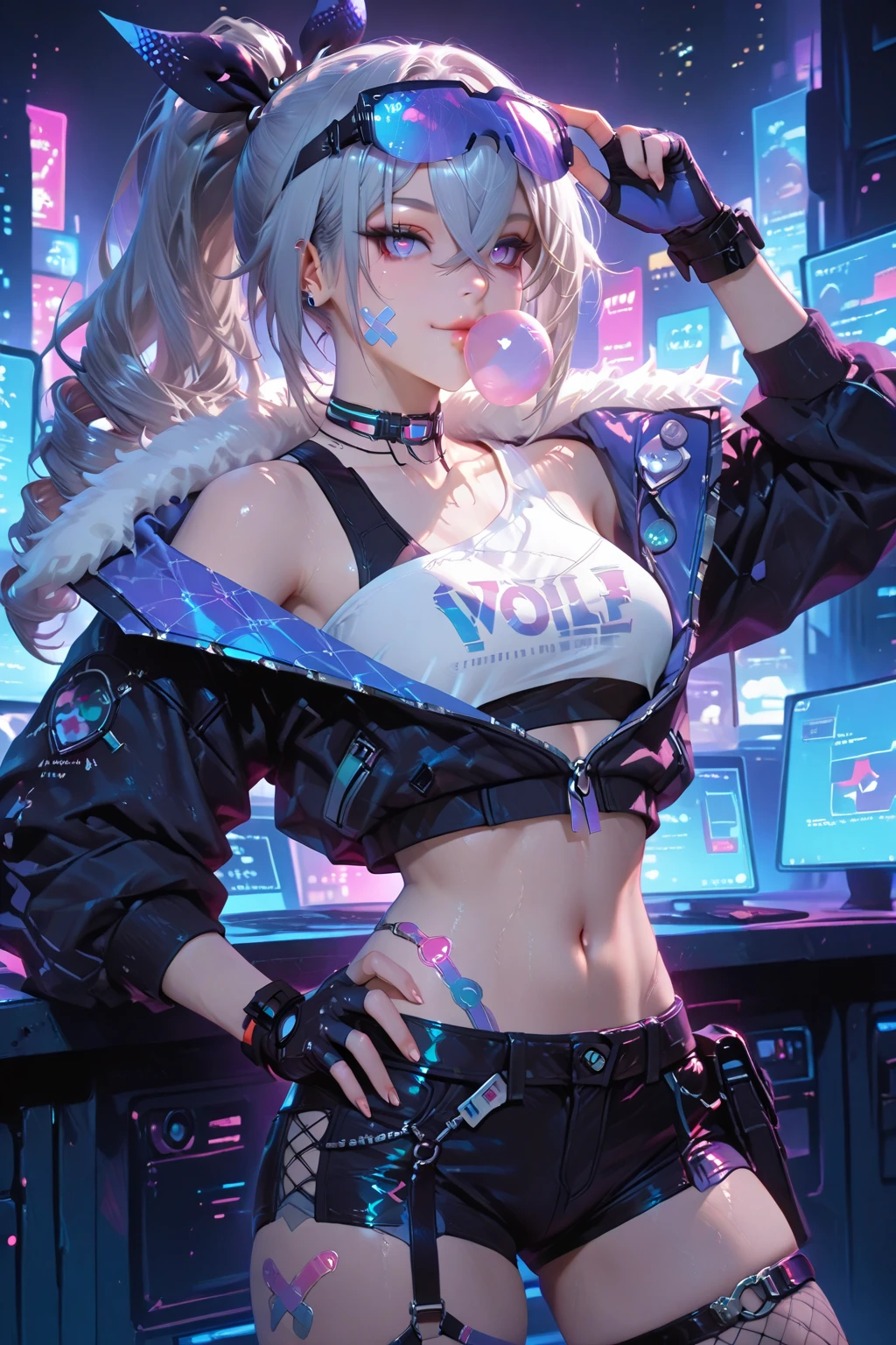 Edelgard,earrings ,lipstick, eye shadow, makeup, 1girl, solo, black t-shirt, white shirt, blue jeans, belt, lipstick, large breasts, layered sleeves, sexy pose, holding a micrphone, singing, stage background, headphones