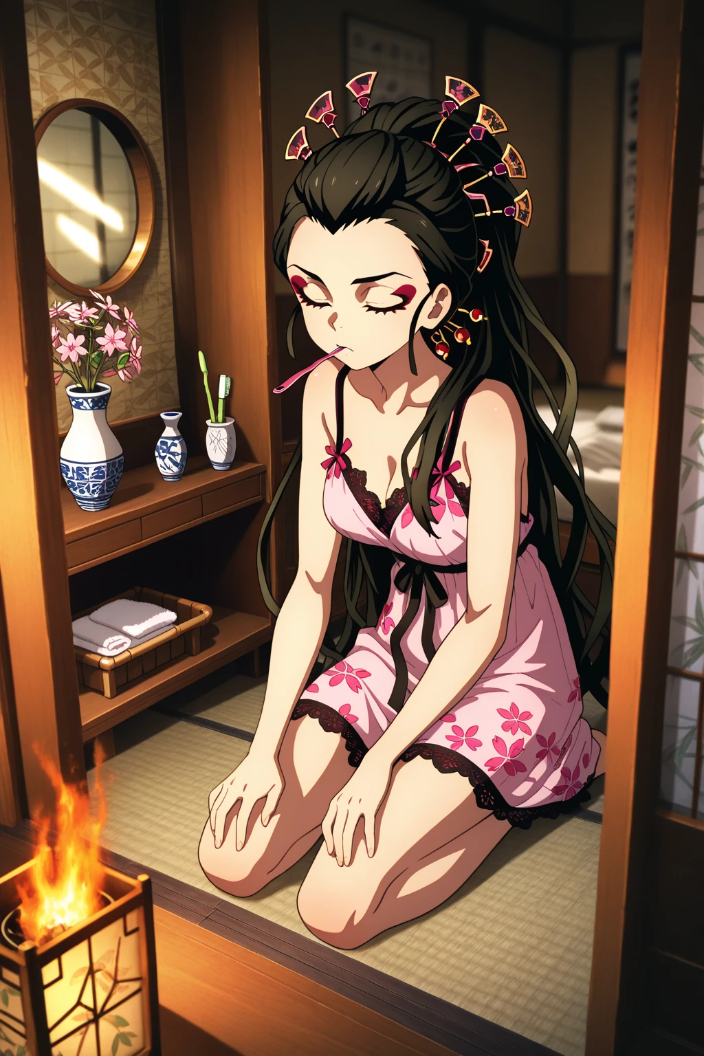 looking back at viewer、Zashiki-warashi、Japanese style、Shoji screen、tatami、Haunted House、darkness、Late Night、kimono、Bob、Girl、Girl、Younger、Baby Face、flat chest、Black Long Hair、Dynamic Angle、Innocence、Pure、smile、ball、Flower Hair Ornaments、Geta or bare feet