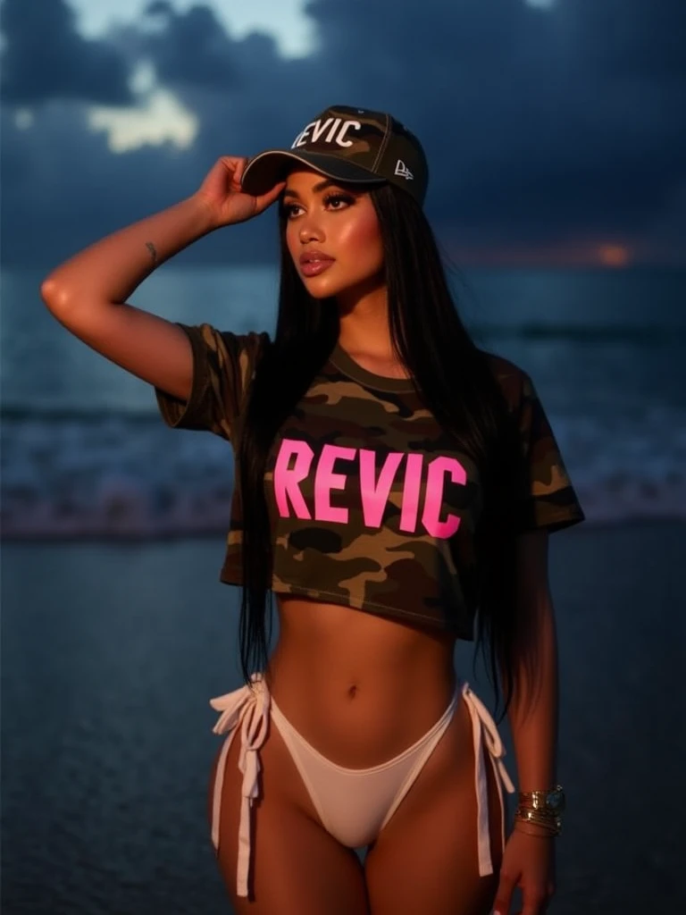 Create a beautiful woman with a necklace that says Regina and a beautiful outfit with long wavy black hair with gray highlights and brown eyes but a bigger necklace and a cap with the letter R