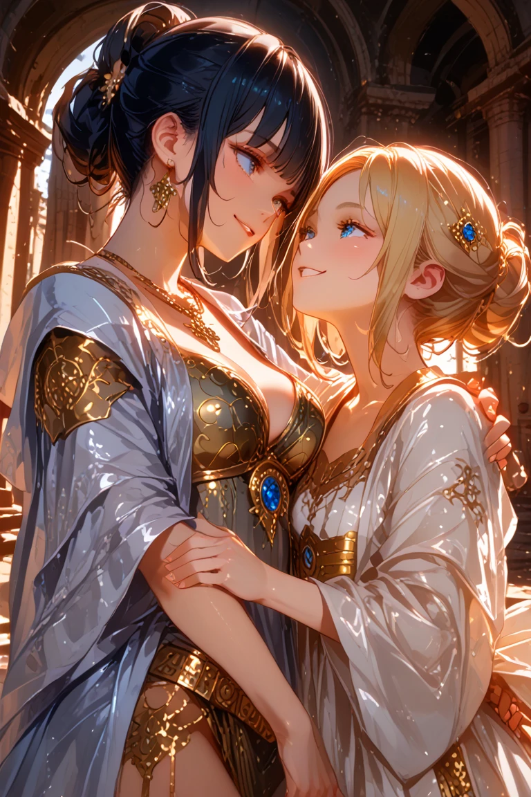 {(beautiful artwork:1.2),(classical realism:1.1),(renaissance style:1.2)}, {(pure white skin:1.1),(extremely detailed beautiful face and eyes and skin and hair)}, BREAK, {erotic face,anguish,(very ecstasy:1.2),(writhing:1.4),embarrassing},{(very obscene pose:1.2),(arched back:1.2),(arch one's head:1.4)}, BREAK,{(colorful and various colors dress:1.4),(embellished mini length dress:1.2), (very delicate patterned mini length dress:1.2),(wet clothes:1.2)}, BREAK, {(many chains from the ceiling:1.4), (chain shibari:1.3),(chain bondage), (chain restraint),(wrap limbs with chains:1.8),(chain bind body),(chain in collar:1.2), confinement, shackles}, BREAK, {(2 woman, medium breasts, (lick each other:1.2, saliva:1.1), braid hair intricately, various colors hair)},{dynamic low angle view}, {(palace throne room:1.2),(glowing stained glass:1.2)}, {(glowing tears:1.1)}