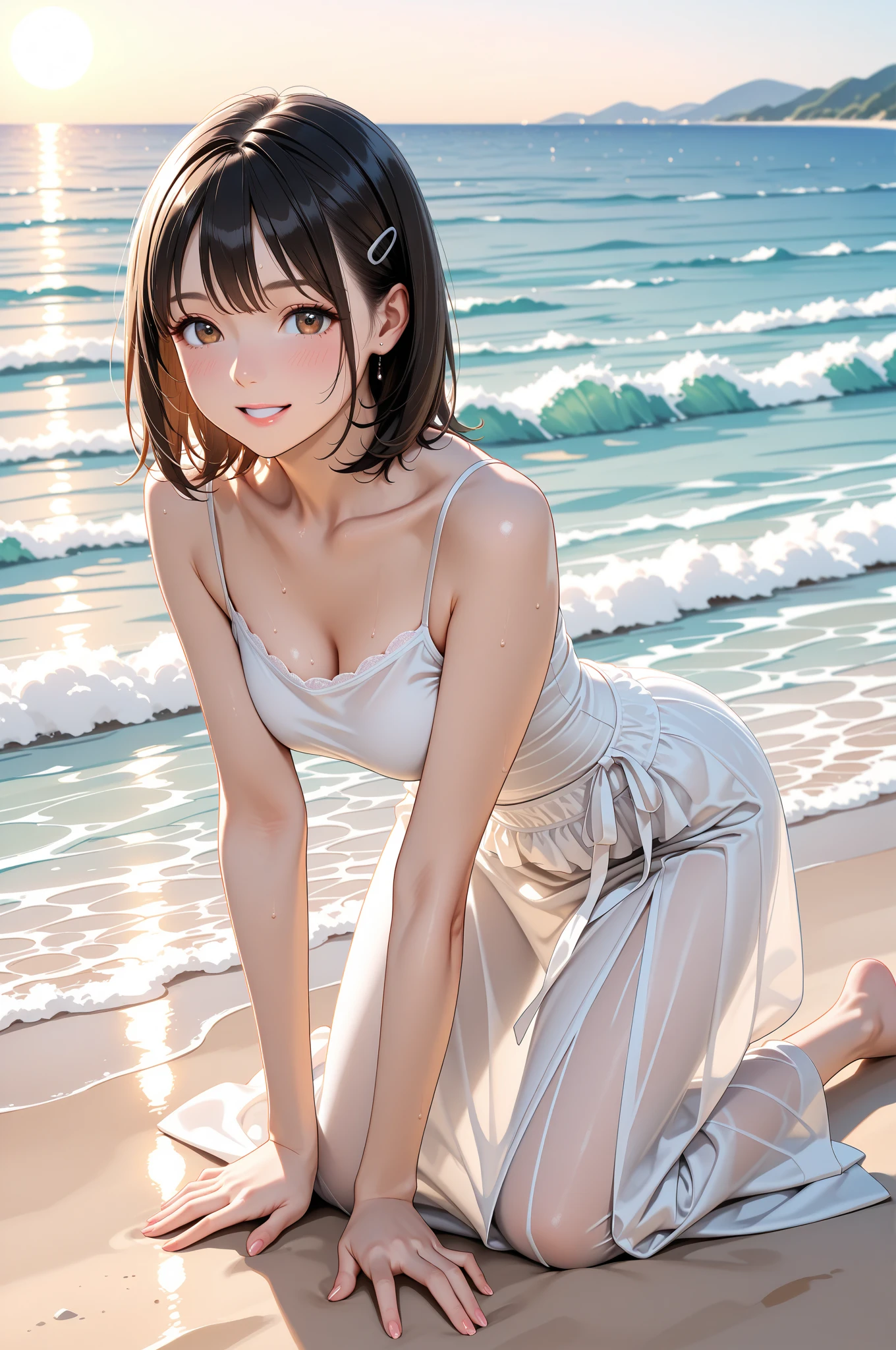 One lady、Full body sexy pose、the whole body is wet、torn thin bath towel、Wet thin bath towel、The only clothes I wear are thin bath towels.、Sitting down、Breast D Cup、Arms are spread、Arms raised up、Spreading the crotch、Black knee socks、short-hair、Midsummer sandy beach、Angle looking up from below