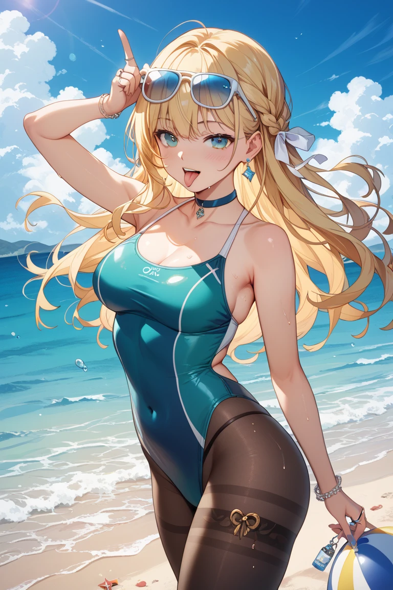 ((highest quality)), ((masterpiece)), (detailed), Blonde,School Swimsuit,紺色のSchool Swimsuit,((Raise one leg:1.3)),Hands on head,((Y-shaped balance)),The photographer shoots from the ground