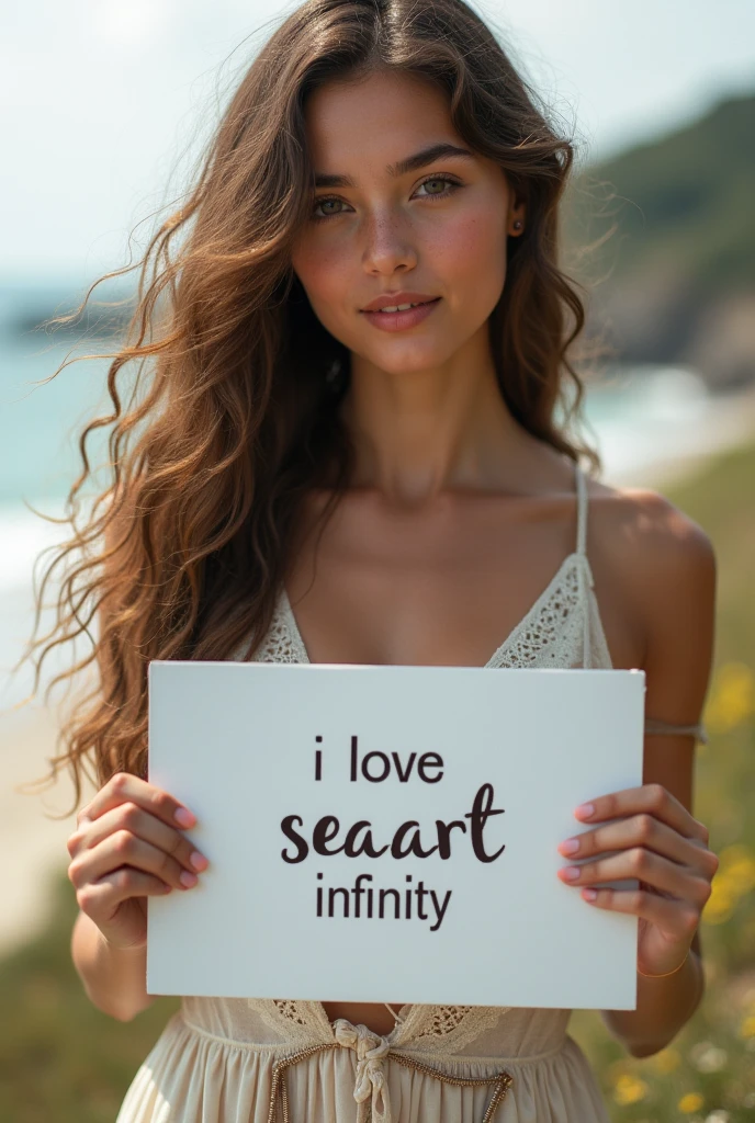 Beautiful girl with wavy long hair, bohemian dress, holding a white board with text "I Love Seaart Infinity" and showing it to the viewer
