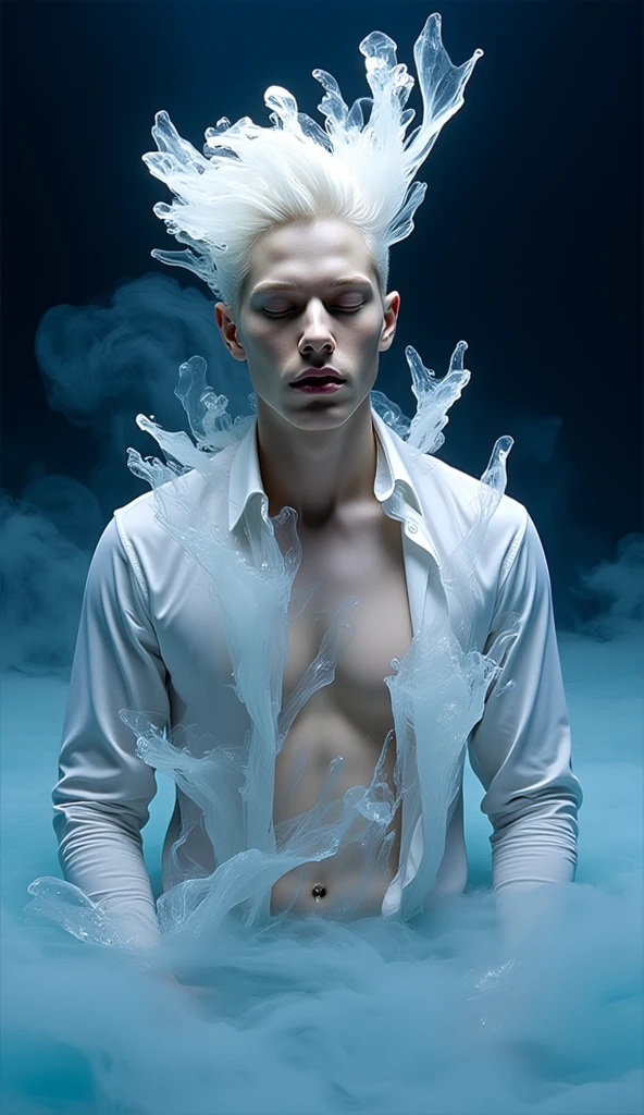 one men, a 3 boy, handsome, his skin is pale porcelain with light blue tones, his hair is white with a bowl cut, he is looking at the viewer, he is naked amidst blue smoke and rain in the Amazon at night.