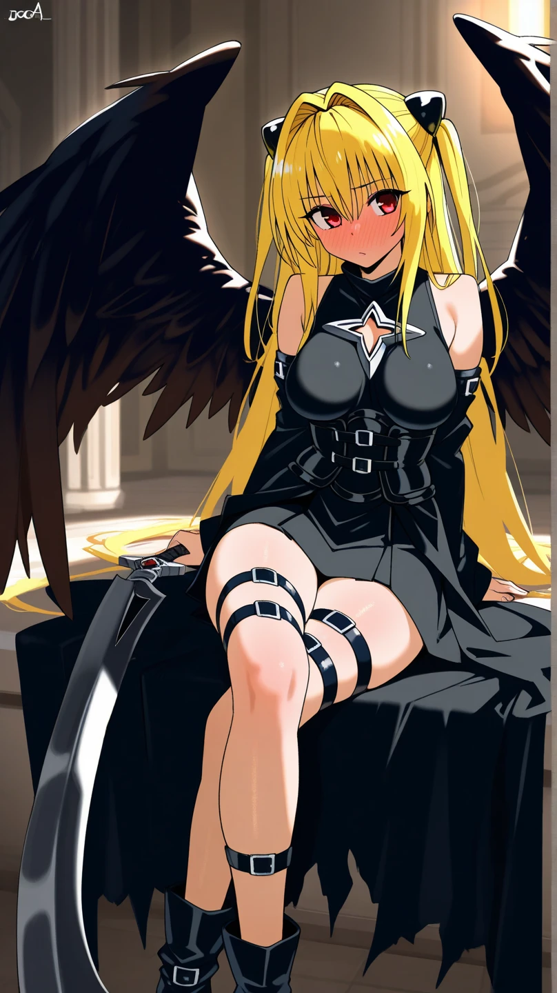 1girl, breasts, weapon, blonde hair, wings, sword, solo, thighhighs, closed eyes, large breasts, double bun, black wings, white background, long hair, holding, boots, simple background, cleavage, holding weapon, holding sword, full body, high heels, black legwear, thigh boots, bangs, feathered wings, bare shoulders, blush, ribbon, underwear, black footwear, o-ring, standing, closed mouth, revealing clothes, high heel boots, hair ribbon, thighs, thigh strap, leaning forward, twintails