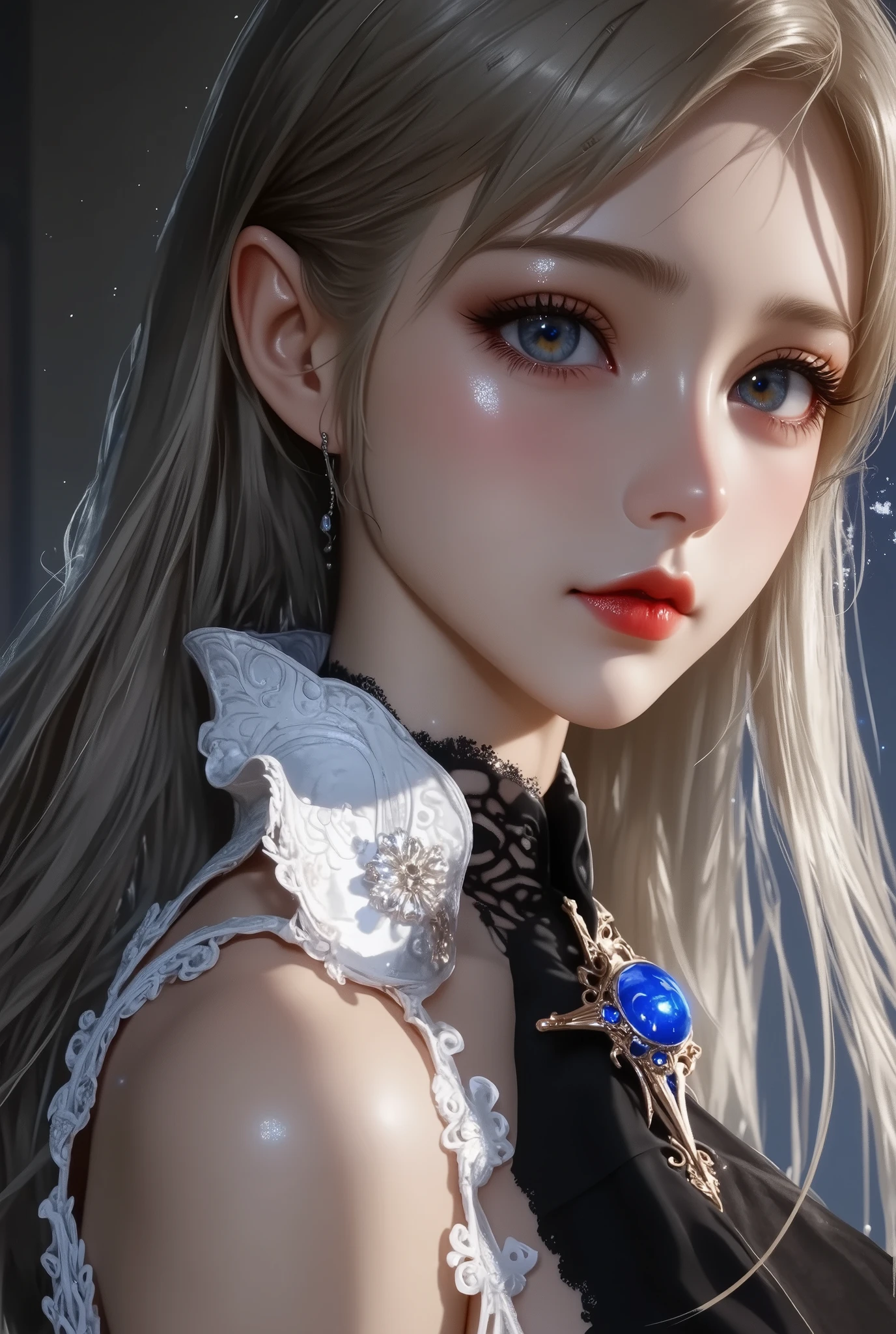 (Close-up:1.4)、(RAW shooting:1.2)、(photorealistic:1.4)、(masterpiece:1.3)、(highest quality:1.4)、bright look、exquisitely beautiful girl、extraordinary beautiful girl、Detailed cute and beautiful face、beautiful bangs、glowing white shiny skin、facial hair、Bangs that extend to the face、bangs between the eyes、super long hair、Charming light and dark platinum blonde super long straight silky hair、thin hair、Charming shining beautiful bright clear light blue big eyes、luxurious dress、tiara、double eyelids、rich bust、Upper body、ancient city
