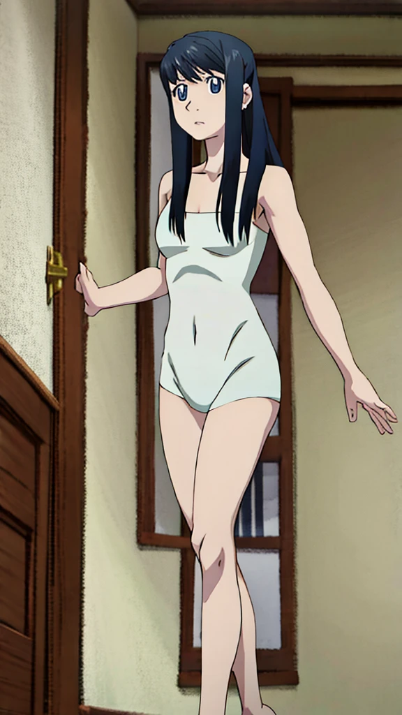 Masterpiece, best quality, Masterpiece, best quality, 1 woman, brown hair , Looks suspicious. , purple bikini , big breasts , abdomen , Long legs , Put your hands on your hips.. , Barefoot , Full body , abandoned factory , at night